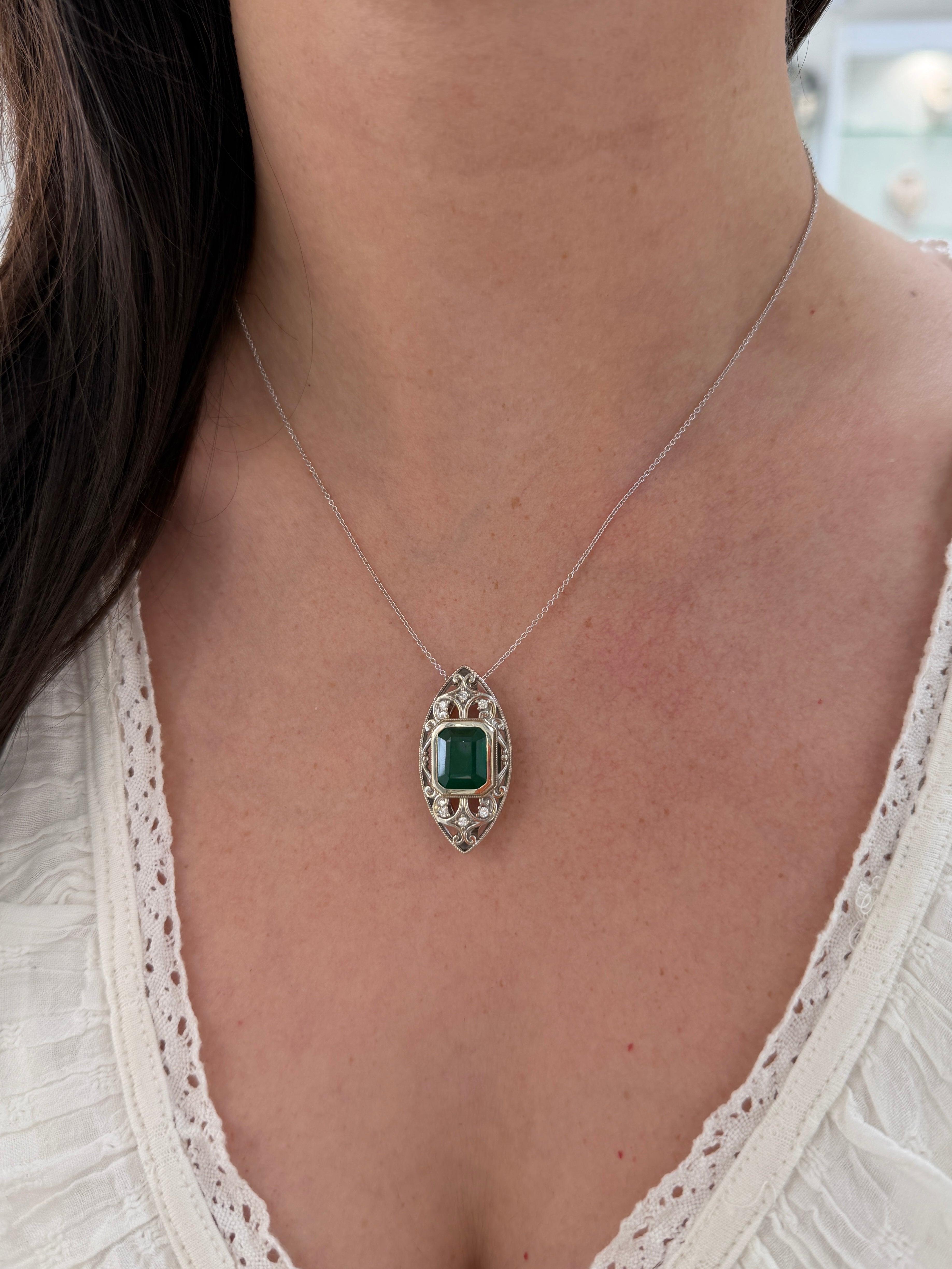 Art Deco inspired emerald cut emerald vintage diamond slider necklace in 14K gold by JR Colombian Emeralds
