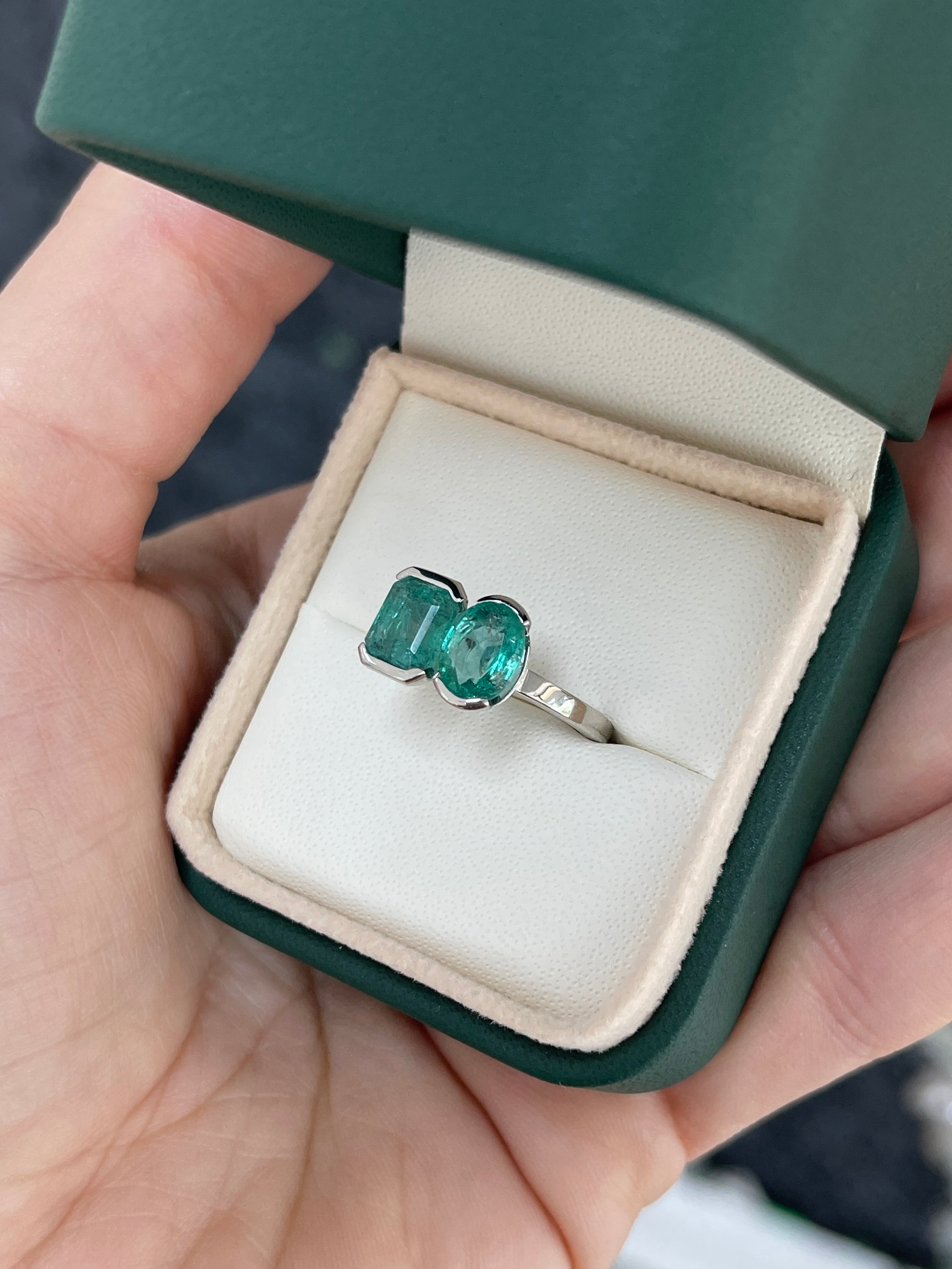 2.70tcw 14K Natural Bluish-Green Emerald Toi et Moi Ring with Oval & Emerald Cut Emeralds - JR Colombian Emeralds
