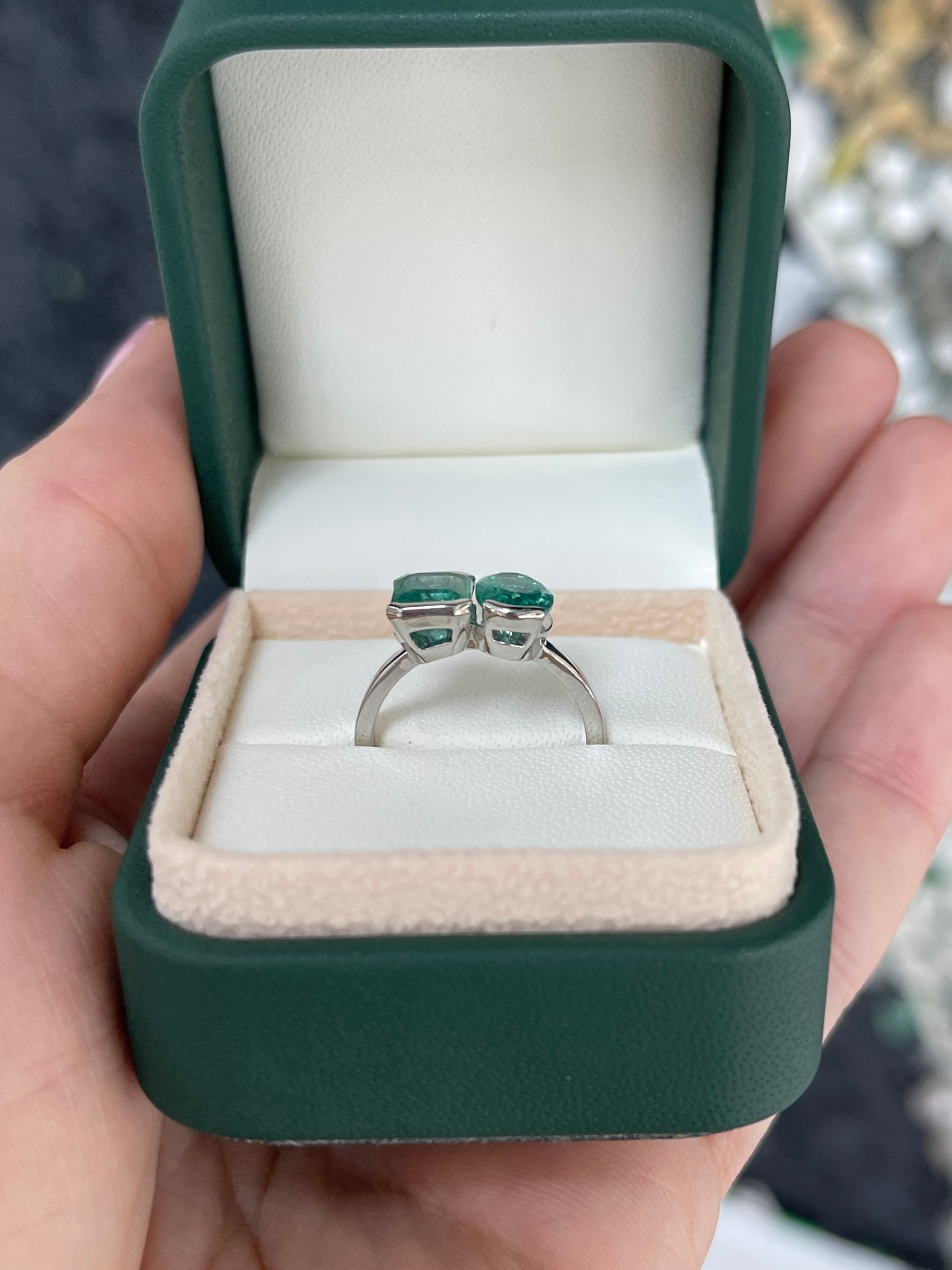 2.70tcw 14K Natural Bluish-Green Emerald Toi et Moi Ring with Oval & Emerald Cut Emeralds - JR Colombian Emeralds