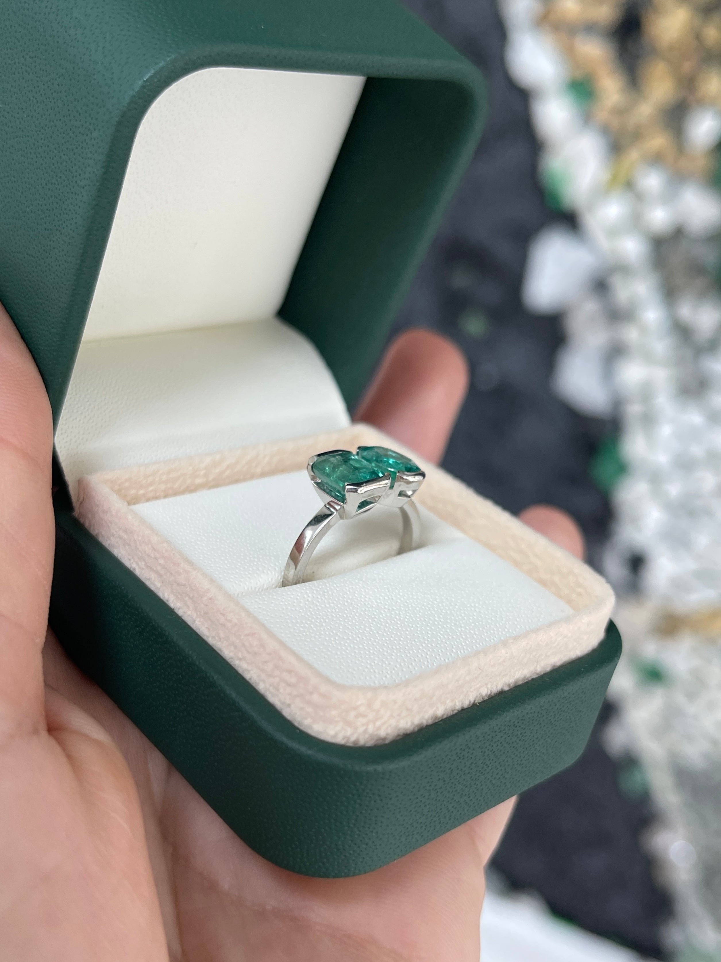 2.70tcw 14K Natural Bluish-Green Emerald Toi et Moi Ring with Oval & Emerald Cut Emeralds - JR Colombian Emeralds