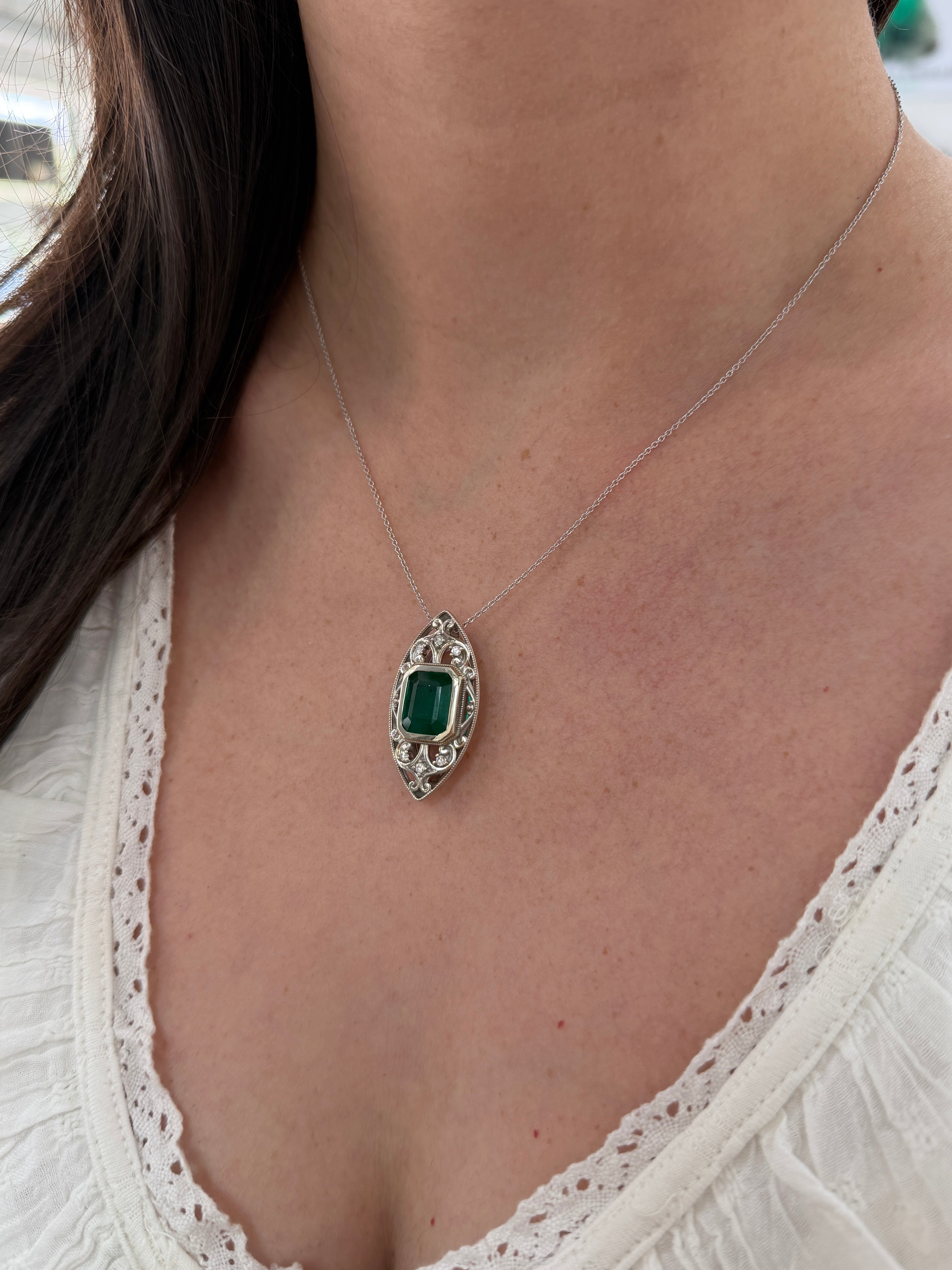 Emerald cut emerald vintage diamond slider necklace with gold filigree accents, 5.26tcw, by JR Colombian Emeralds.