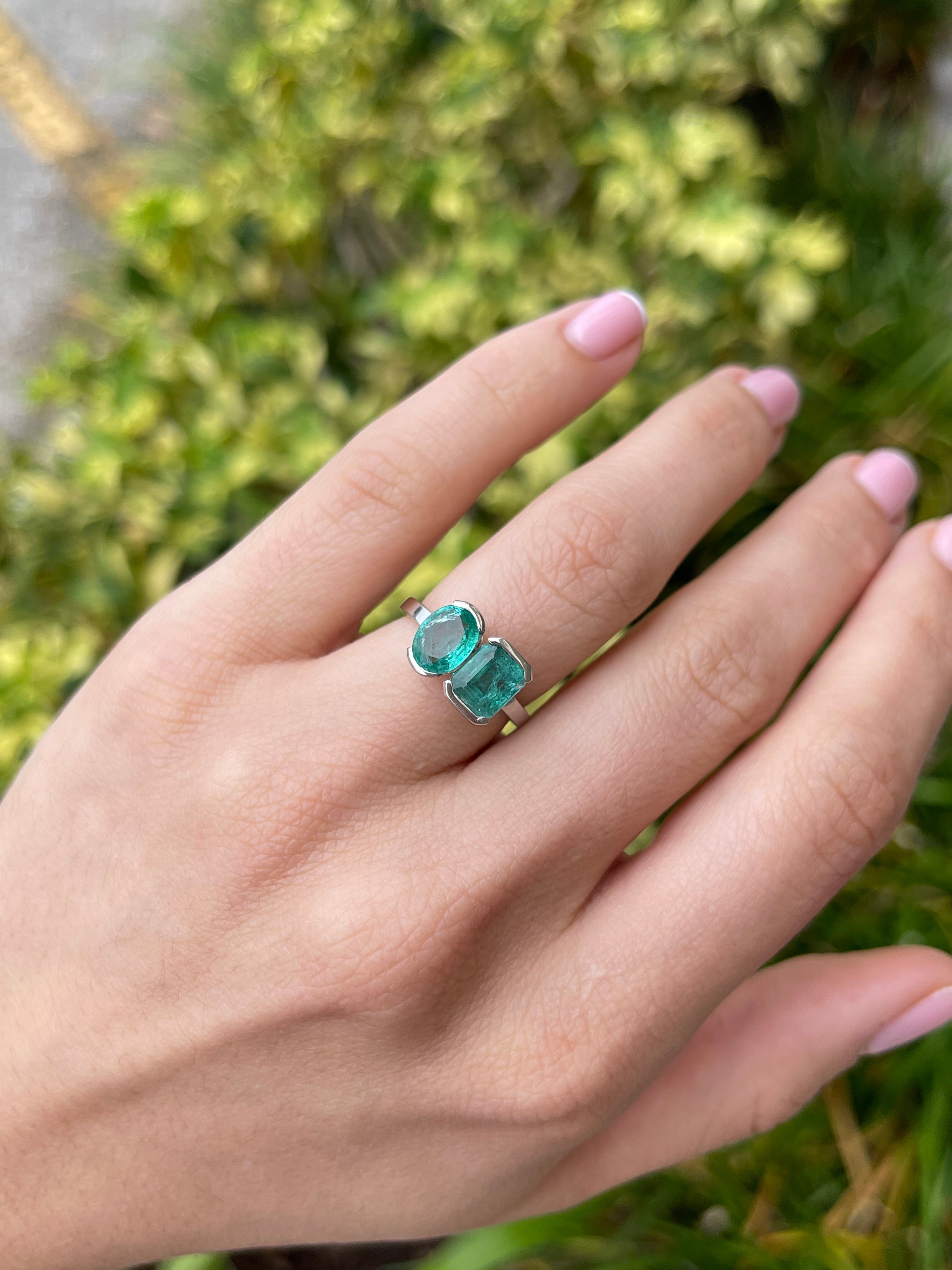 2.70tcw 14K Natural Bluish-Green Emerald Toi et Moi Ring with Oval & Emerald Cut Emeralds - JR Colombian Emeralds