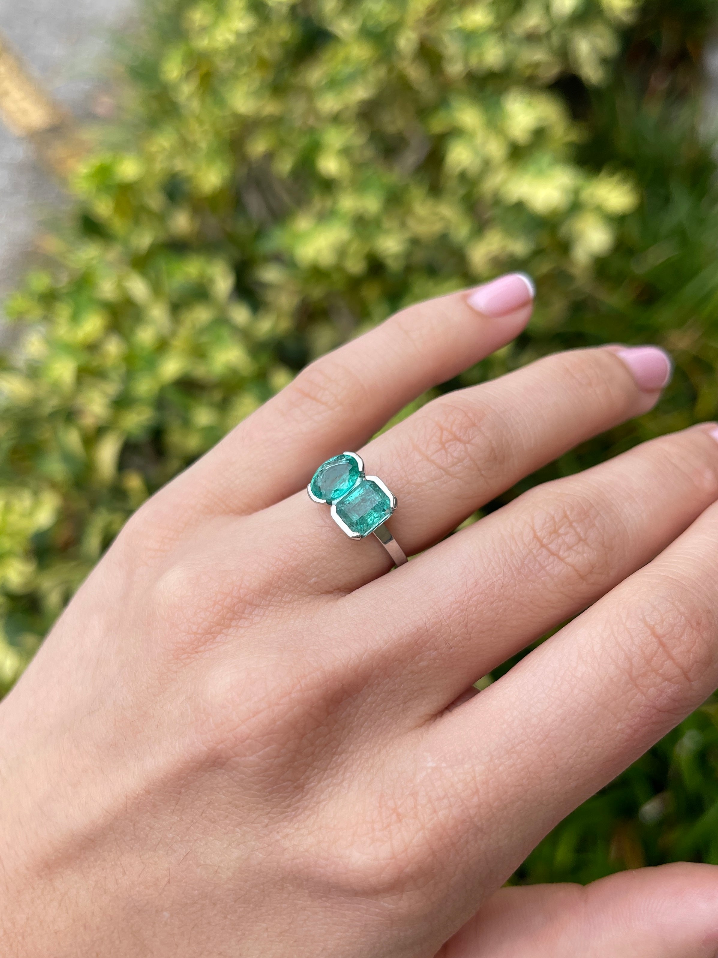 2.70tcw 14K Natural Bluish-Green Emerald Toi et Moi Ring with Oval & Emerald Cut Emeralds - JR Colombian Emeralds