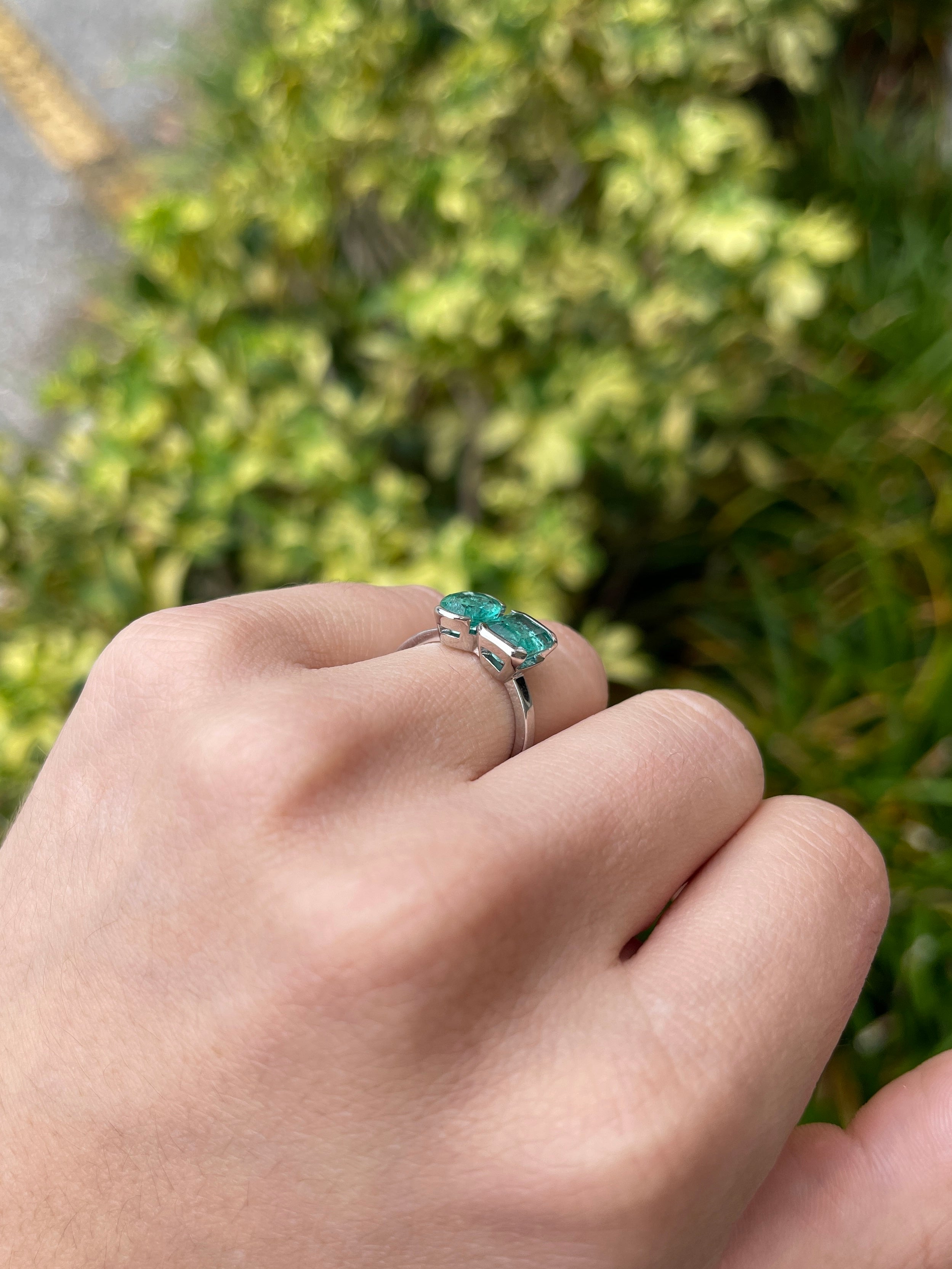 2.70tcw 14K Natural Bluish-Green Emerald Toi et Moi Ring with Oval & Emerald Cut Emeralds - JR Colombian Emeralds