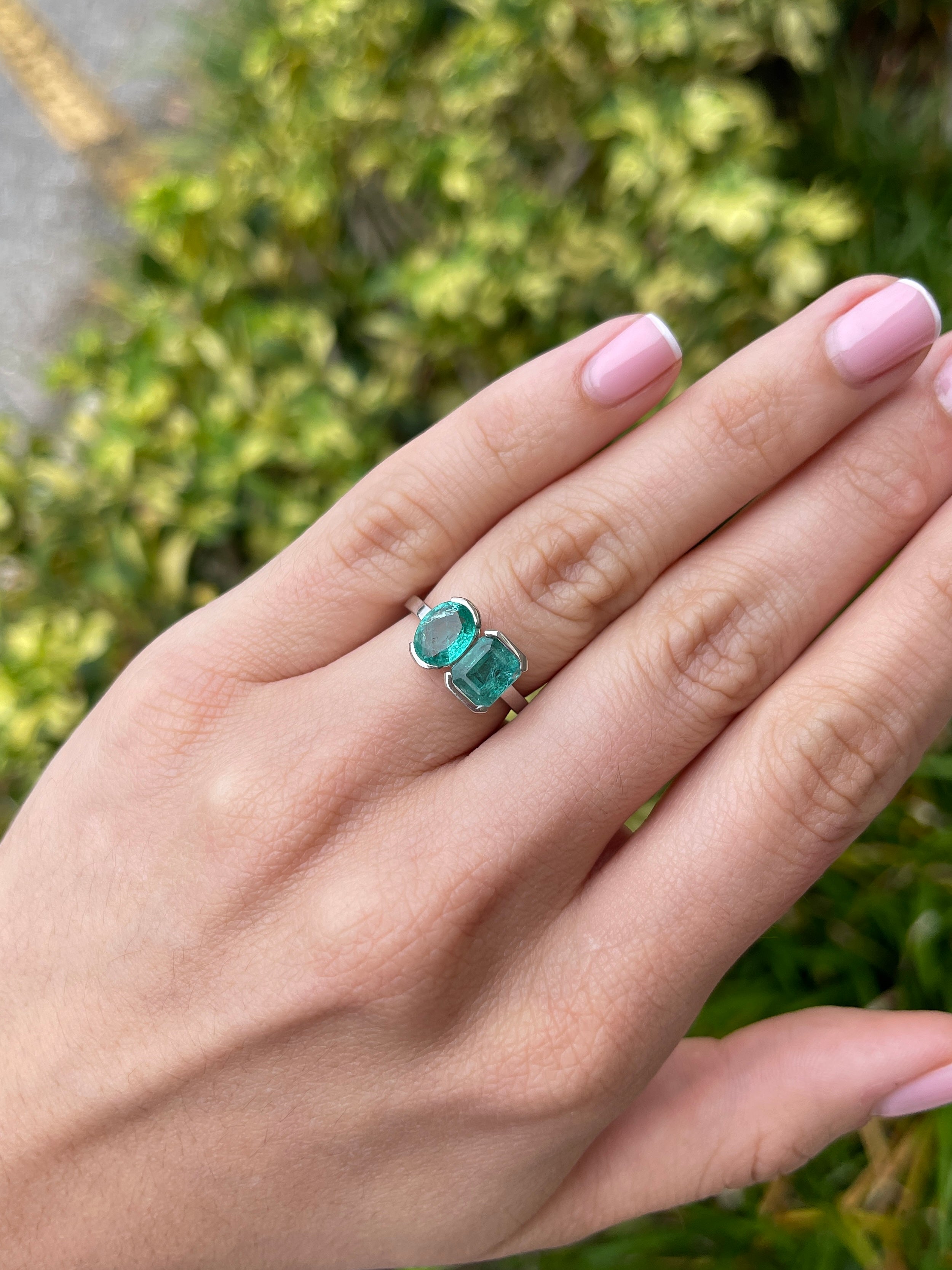2.70tcw 14K Natural Bluish-Green Emerald Toi et Moi Ring with Oval & Emerald Cut Emeralds - JR Colombian Emeralds