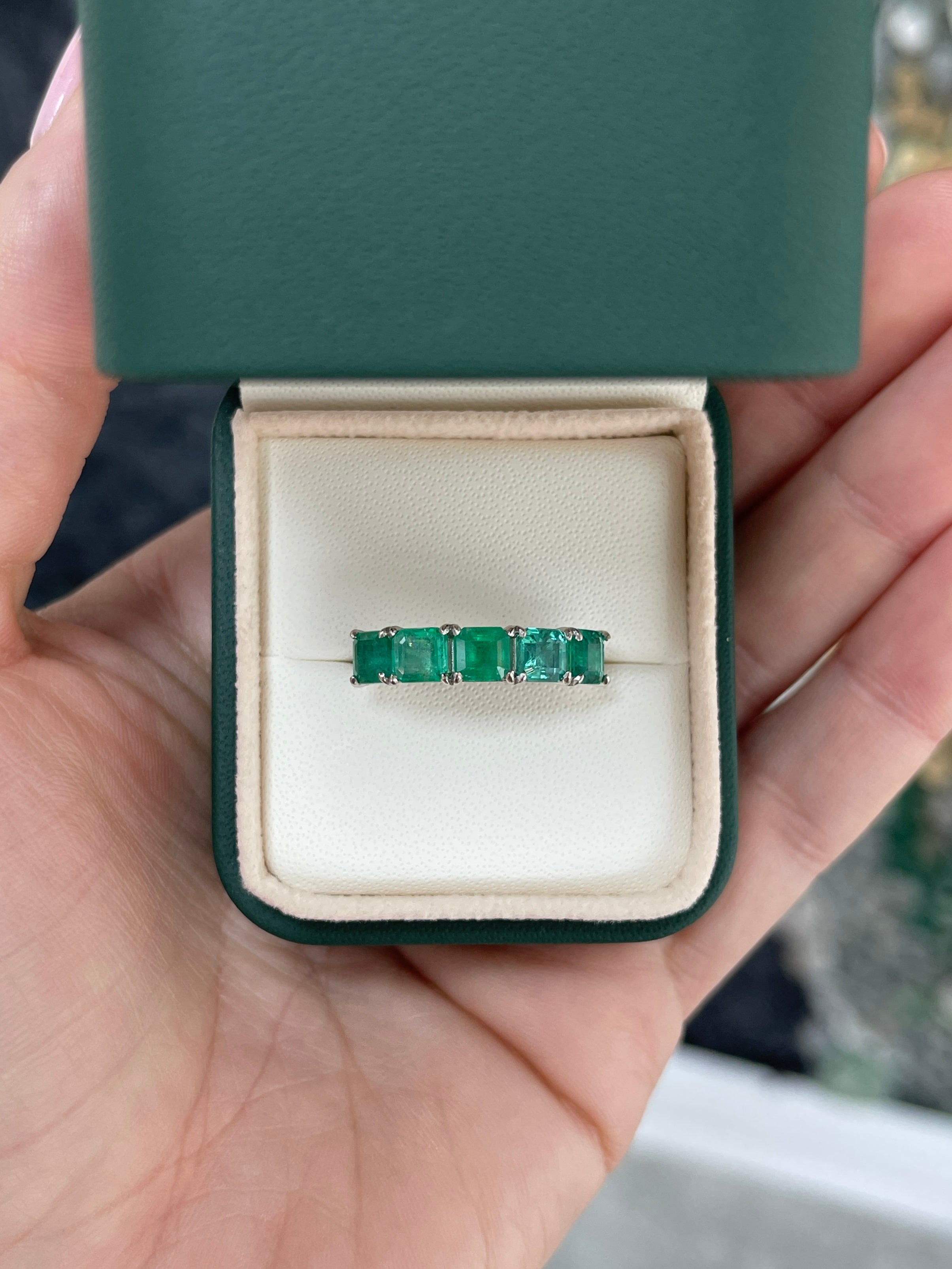 3.30tcw Platinum Natural Emerald Asscher Cut Five Stone Wedding Band Ring - JR Colombian Emeralds