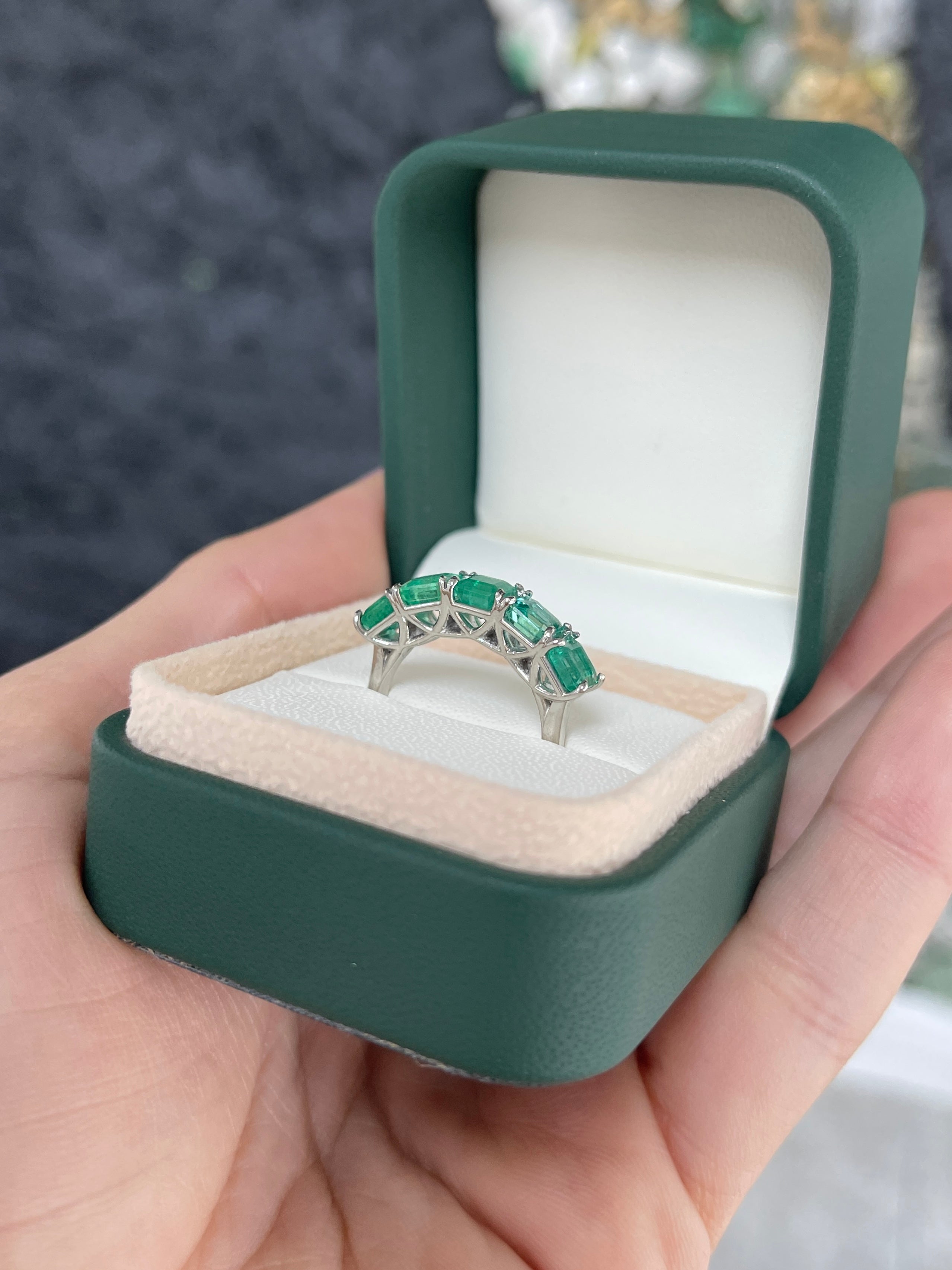 3.30tcw Platinum Natural Emerald Asscher Cut Five Stone Wedding Band Ring - JR Colombian Emeralds
