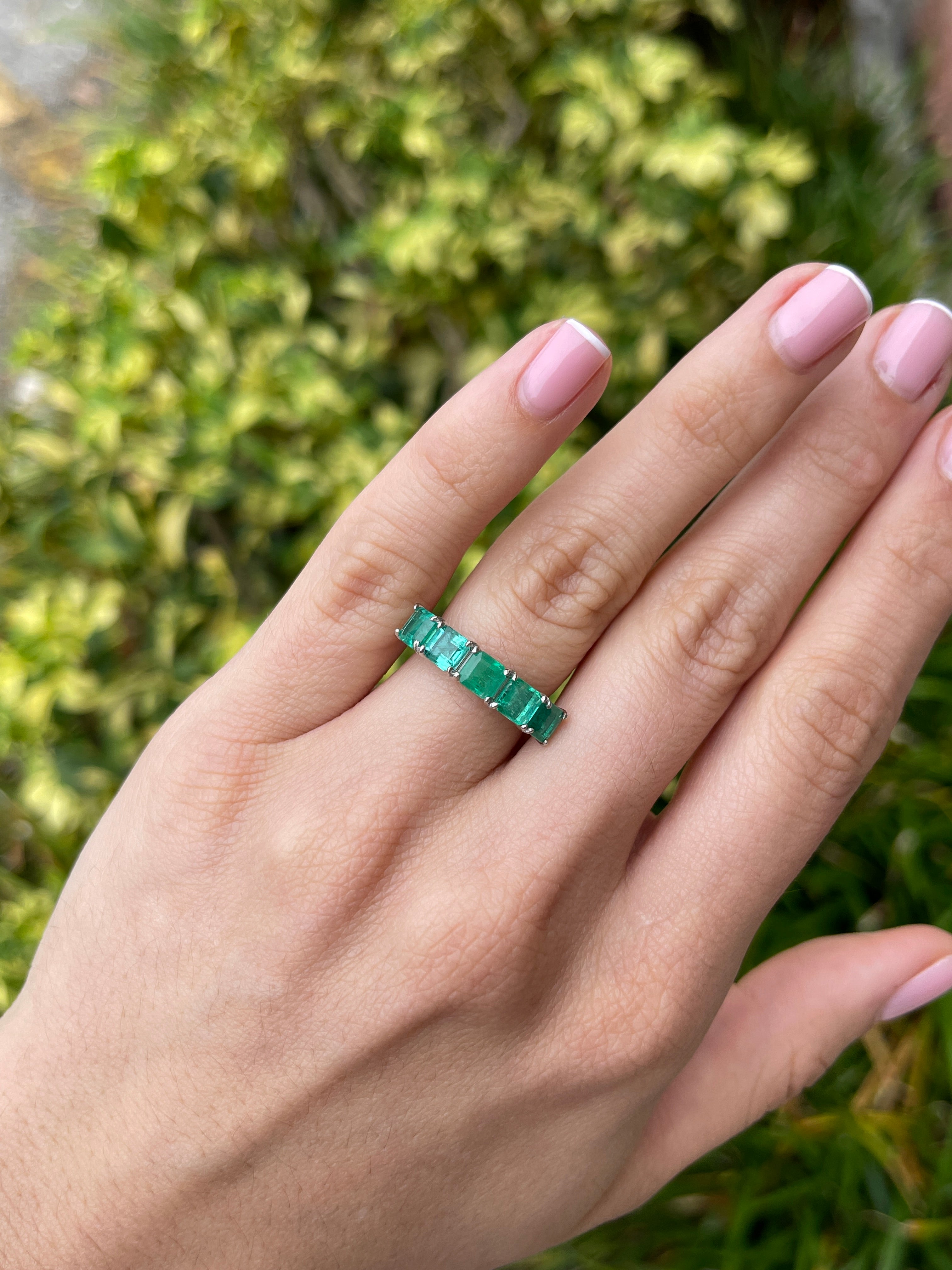 3.30tcw Platinum Natural Emerald Asscher Cut Five Stone Wedding Band Ring - JR Colombian Emeralds