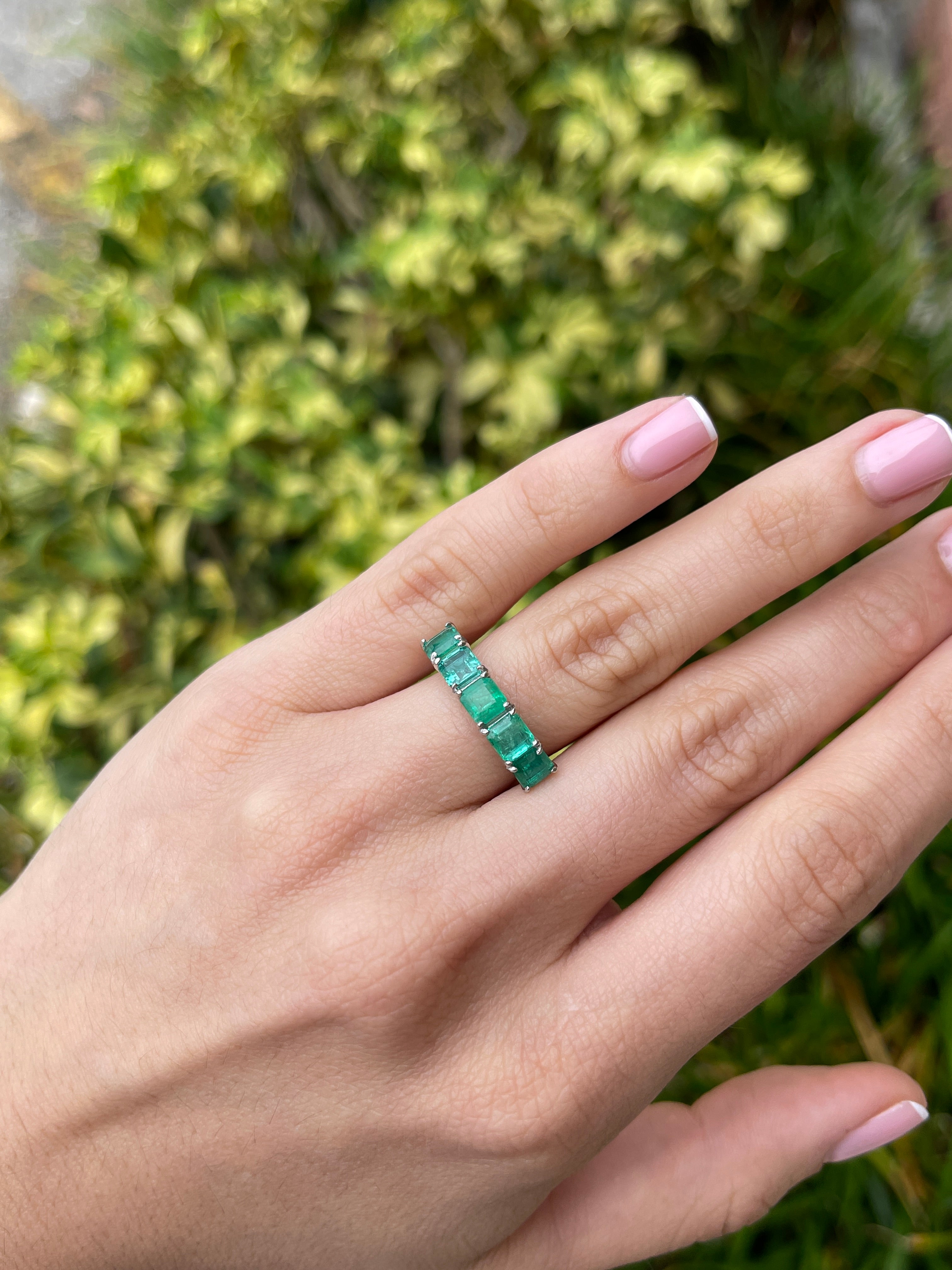 3.30tcw Platinum Natural Emerald Asscher Cut Five Stone Wedding Band Ring - JR Colombian Emeralds