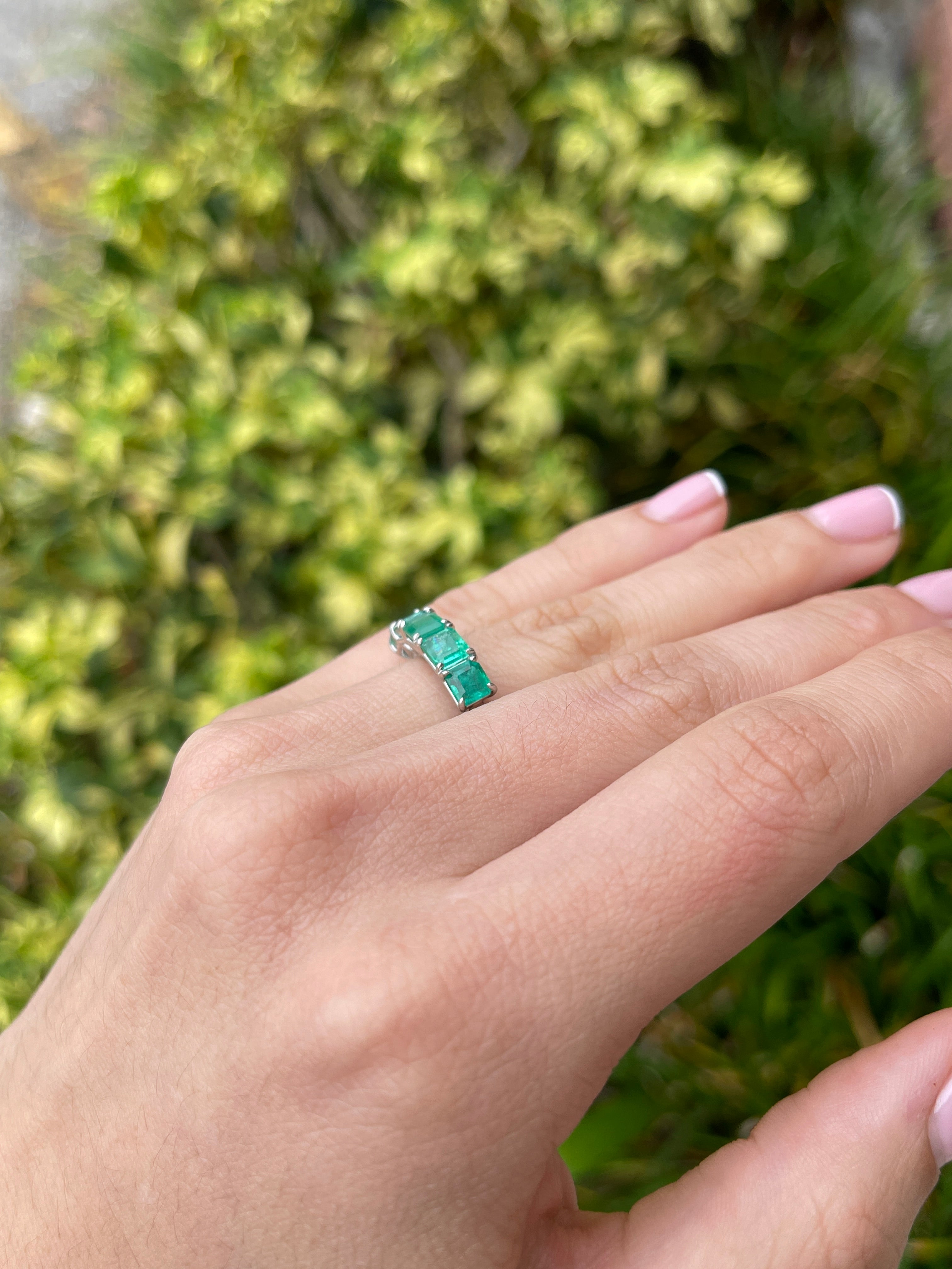 3.30tcw Platinum Natural Emerald Asscher Cut Five Stone Wedding Band Ring - JR Colombian Emeralds