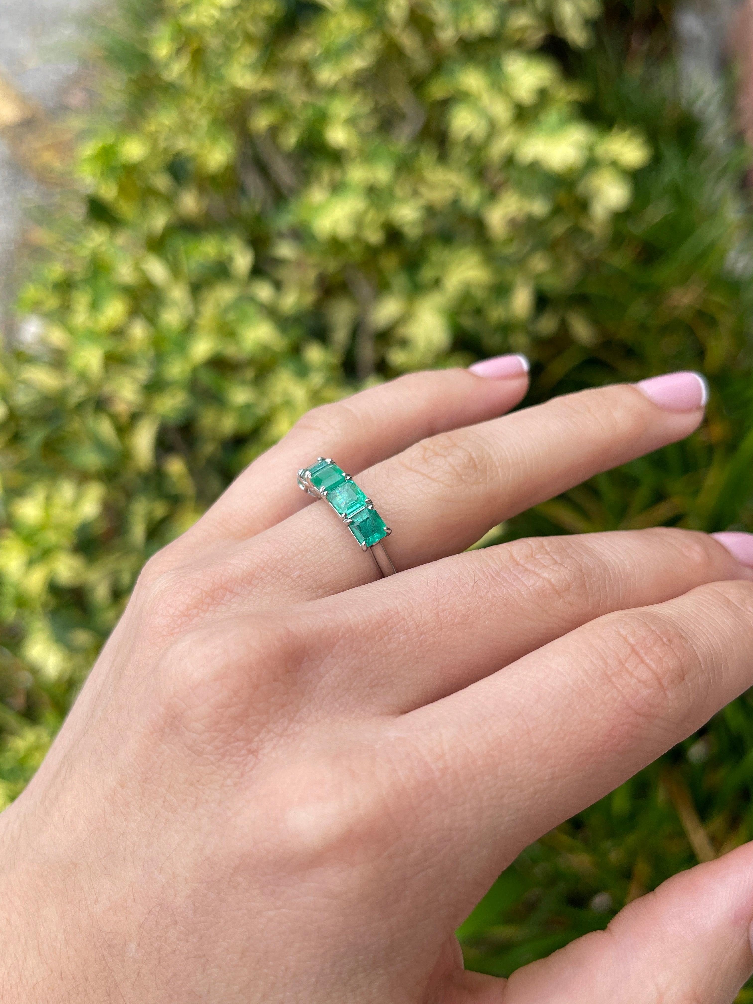 3.30tcw Platinum Natural Emerald Asscher Cut Five Stone Wedding Band Ring - JR Colombian Emeralds