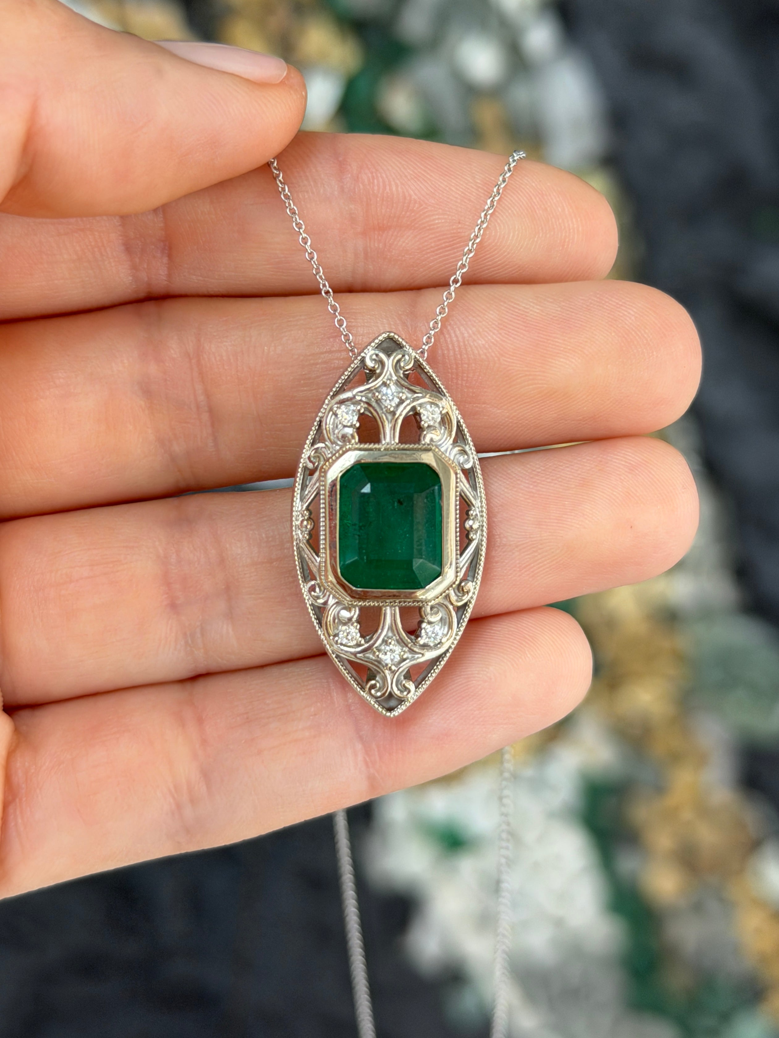 Art Deco-inspired emerald cut emerald and diamond slider necklace with vintage filigree design in 14K gold by JR Colombian Emeralds