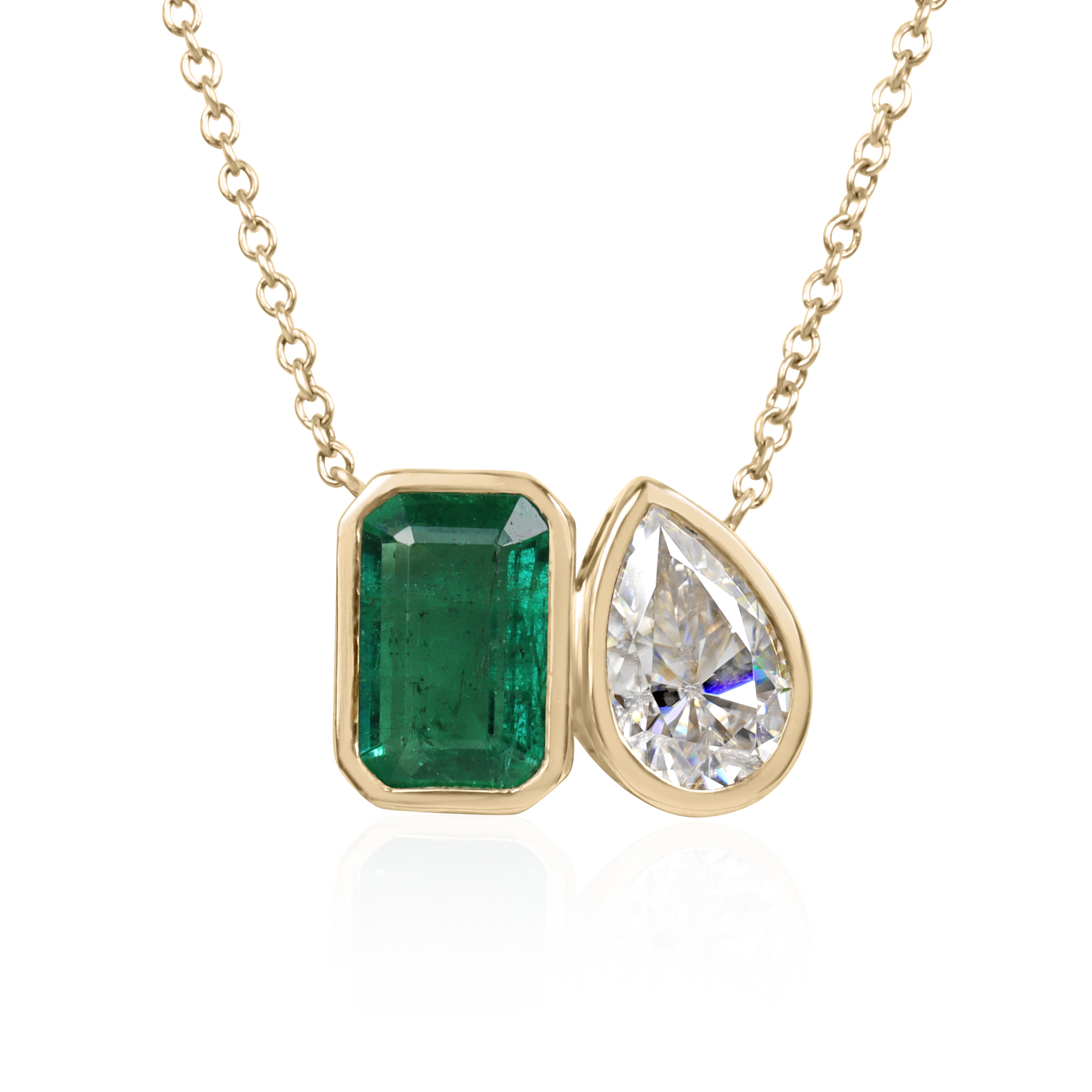 2.20tcw Emerald & Pear Moissanite Toi Et Moi 14K Gold Necklace