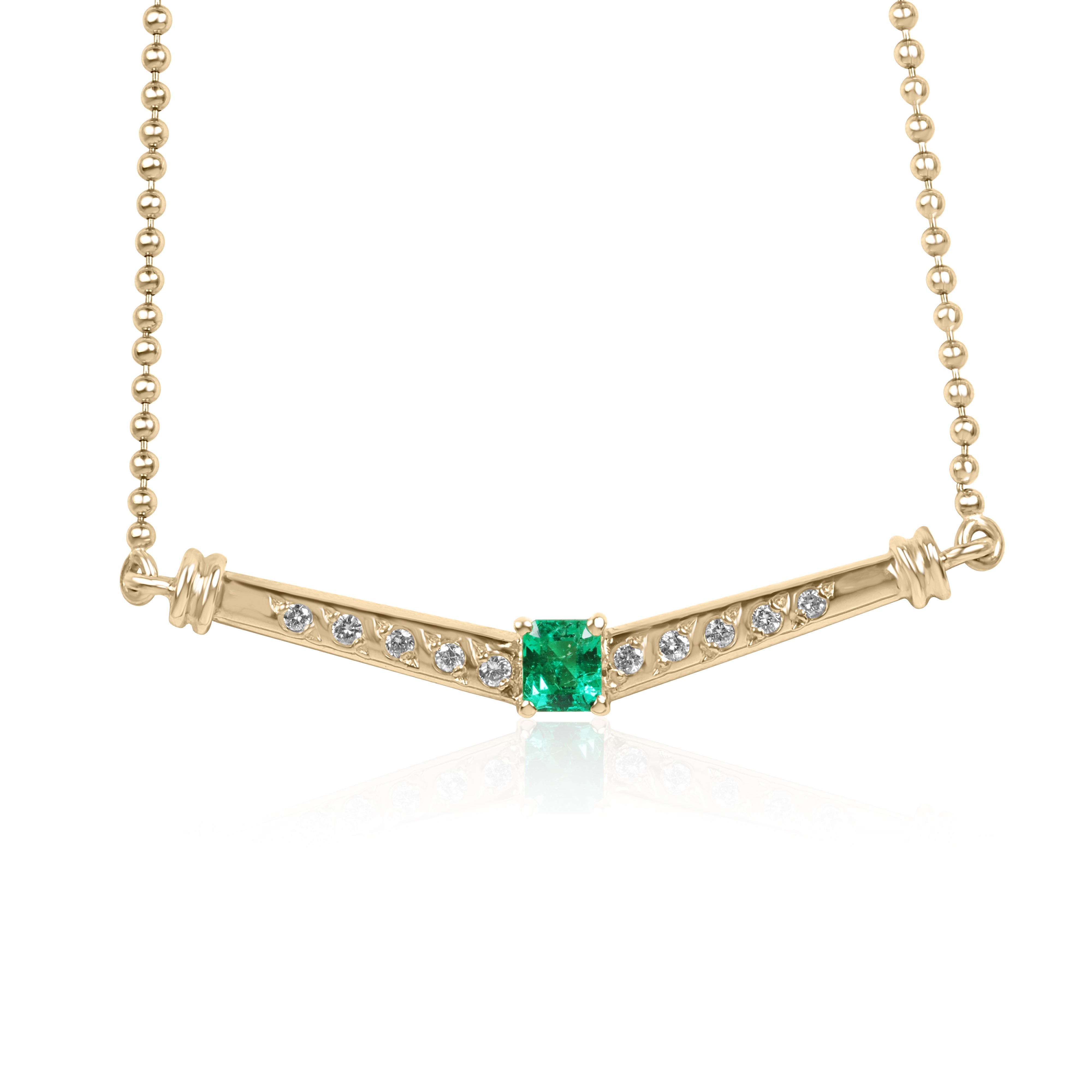 JR Colombian Emeralds 0.80tcw AAA+ Colombian Emerald and diamond beaded bib necklace in 14K-18K gold, showing emeralds and sparkling diamonds.