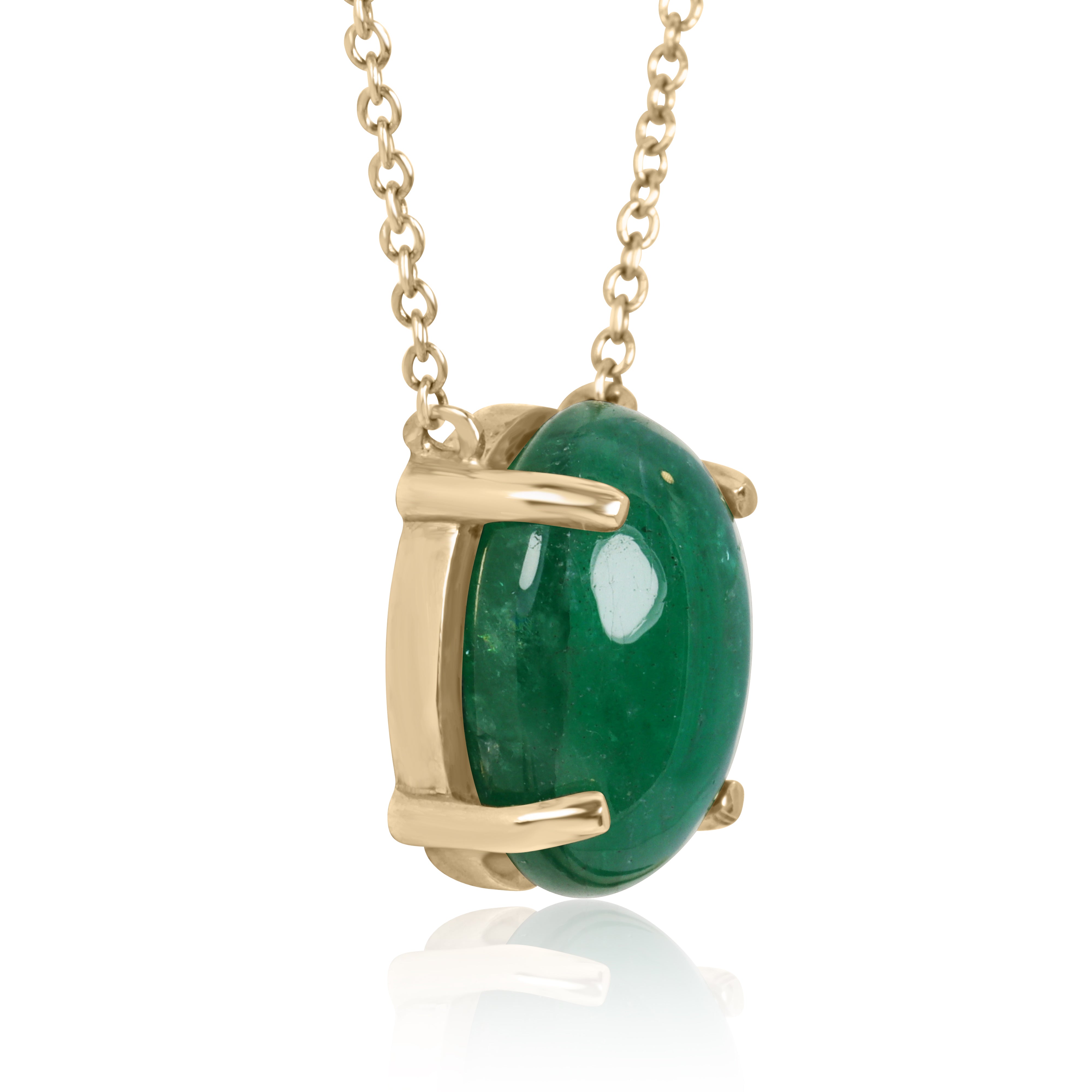 14K gold necklace with 5.50tcw Zambian emerald cabochon pendant, prong station design, from JR Colombian Emeralds.