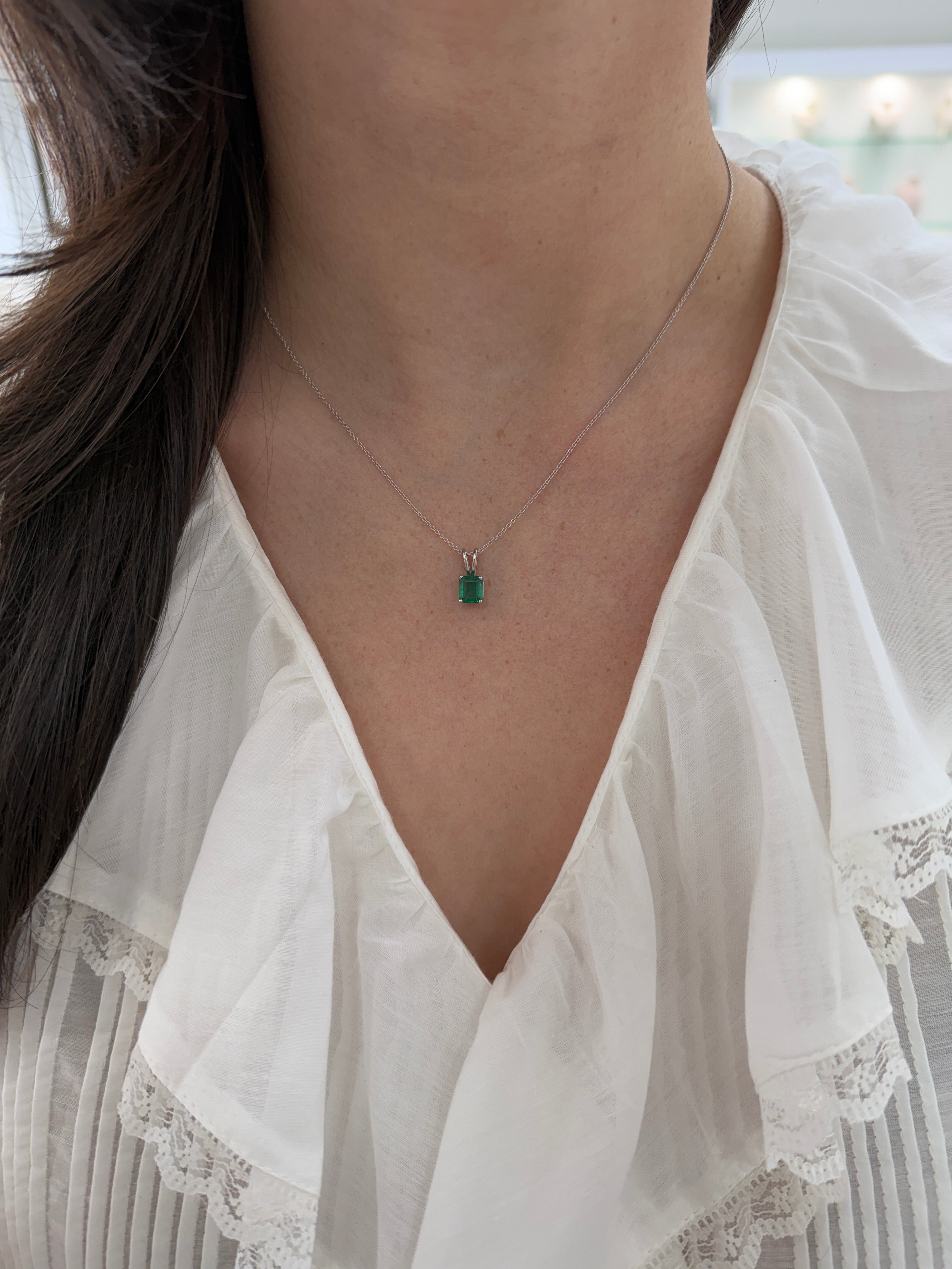 Platinum necklace featuring a 2.10ct rich green Asscher cut emerald solitaire from JR Colombian Emeralds.