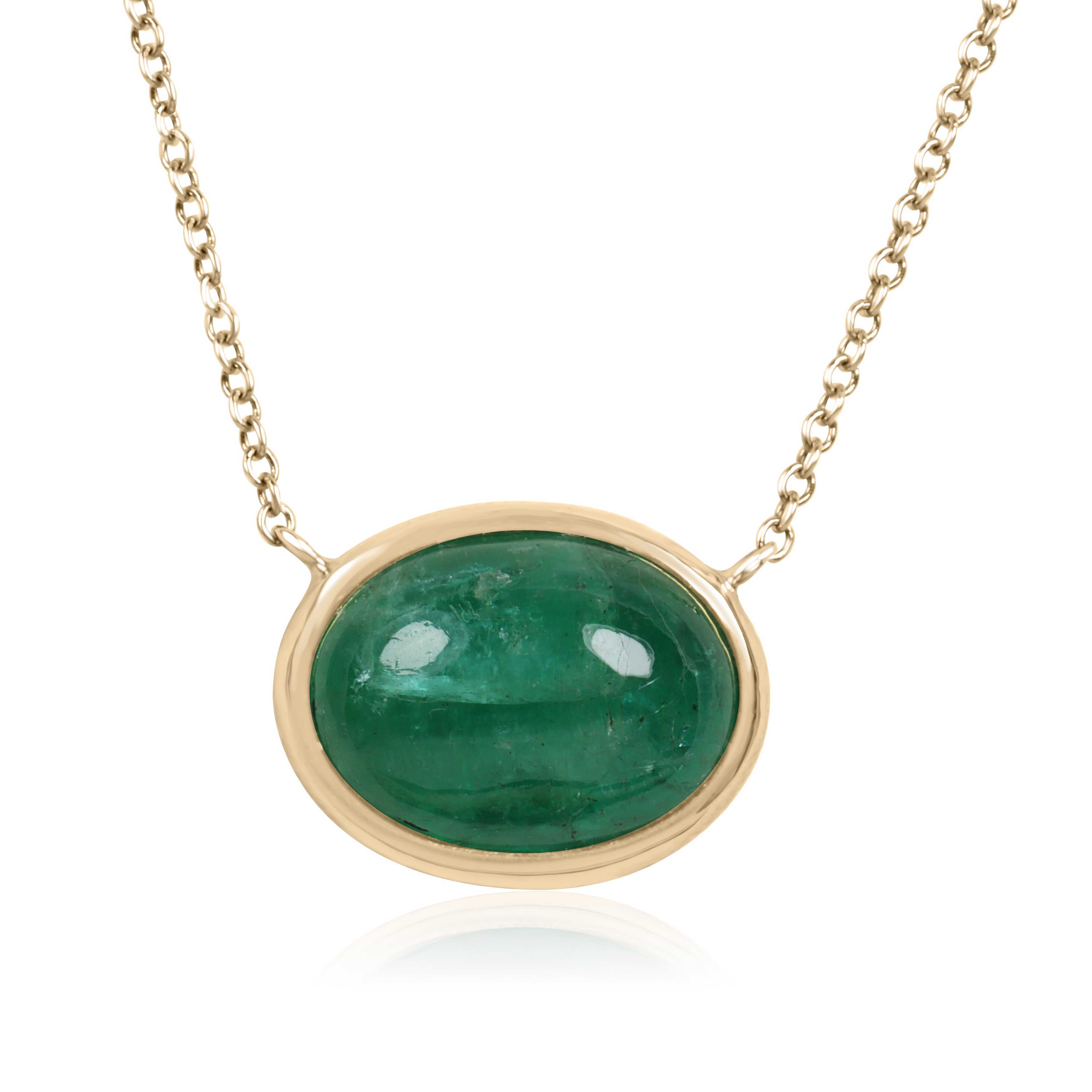 14K gold necklace featuring a 4.54 carat east-west emerald cabochon bezel setting from JR Colombian Emeralds.