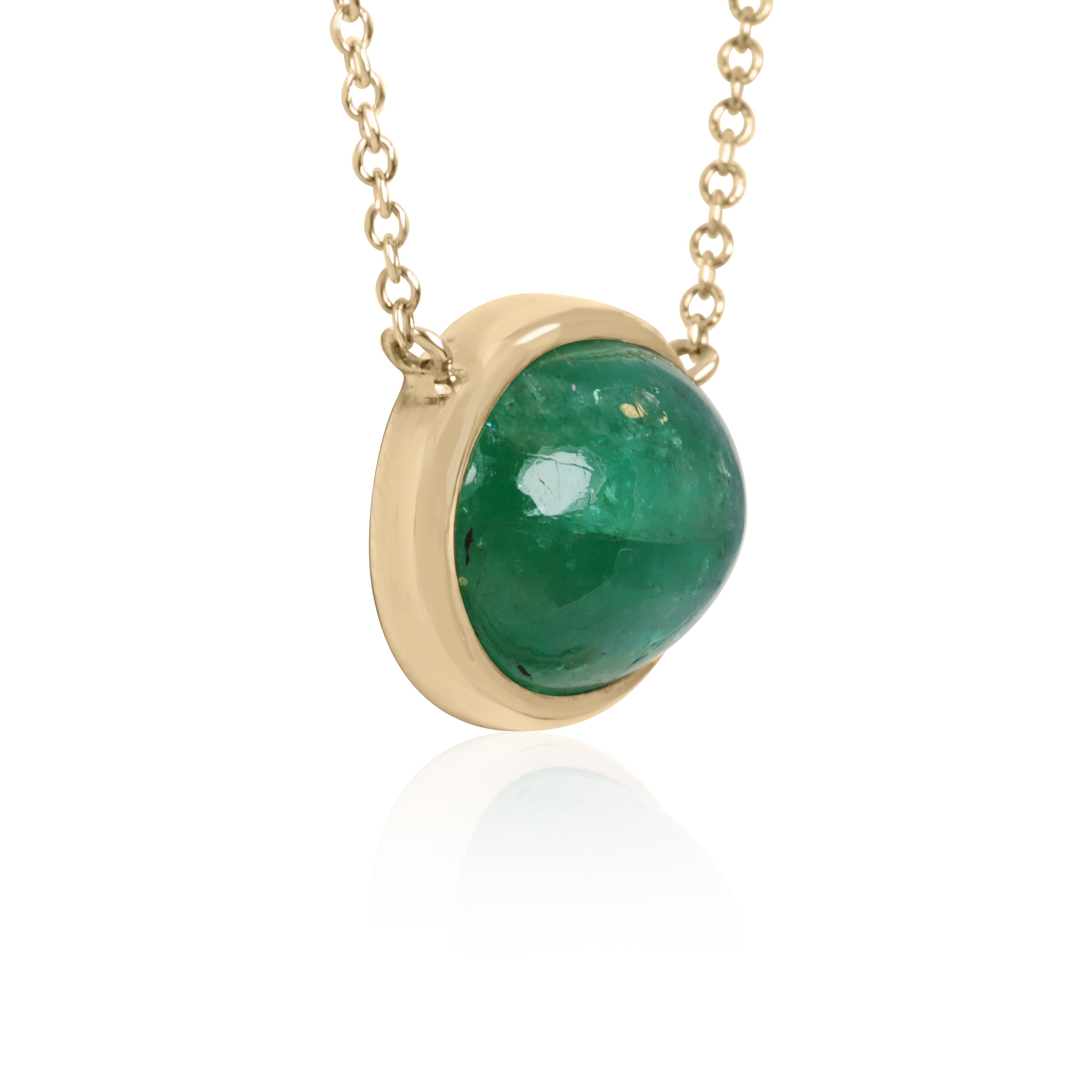 14K gold necklace featuring a 4.54 carat east-west emerald cabochon bezel pendant by JR Colombian Emeralds.