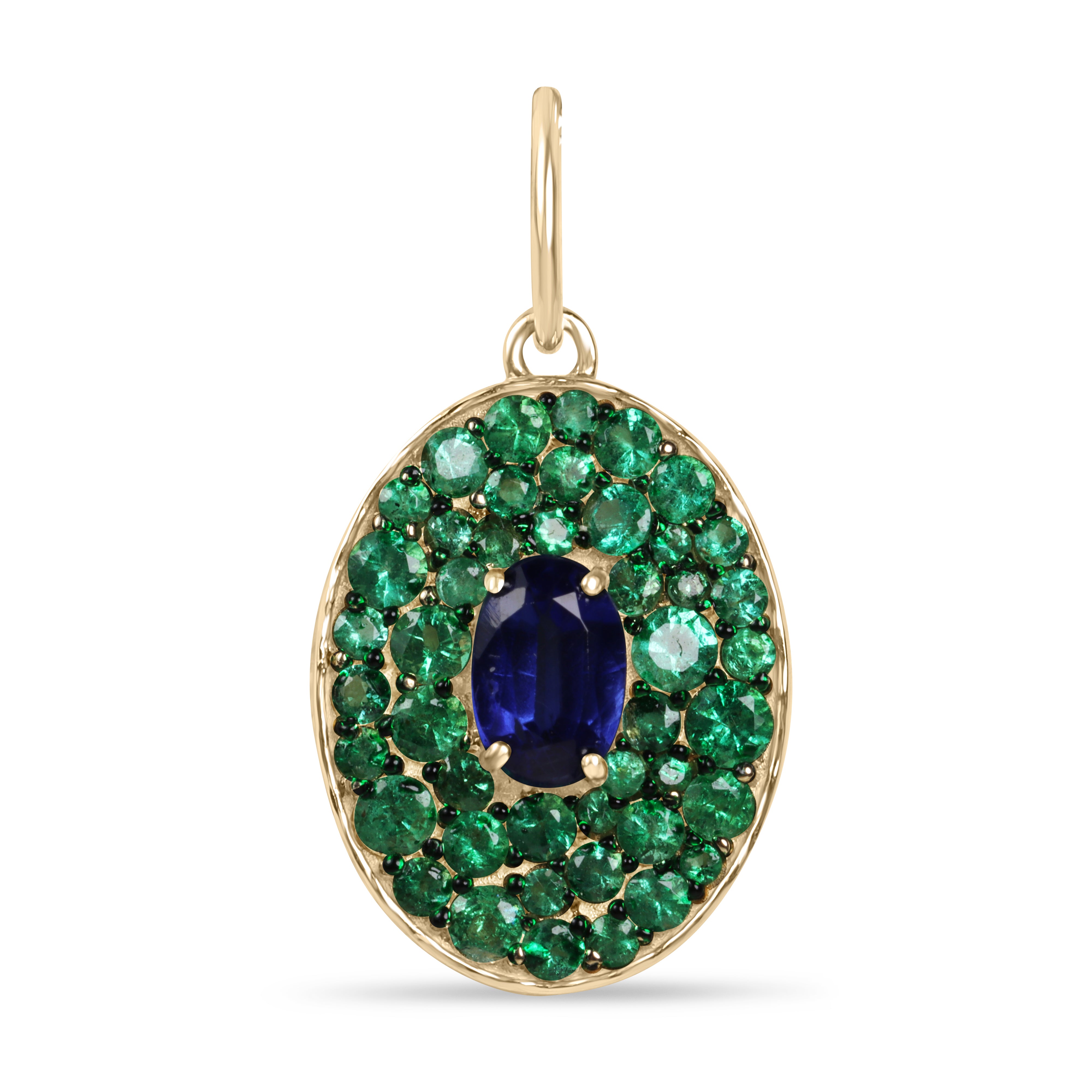 14K gold oval blue sapphire and green emerald cluster pendant with natural gemstones, crafted by JR Colombian Emeralds.