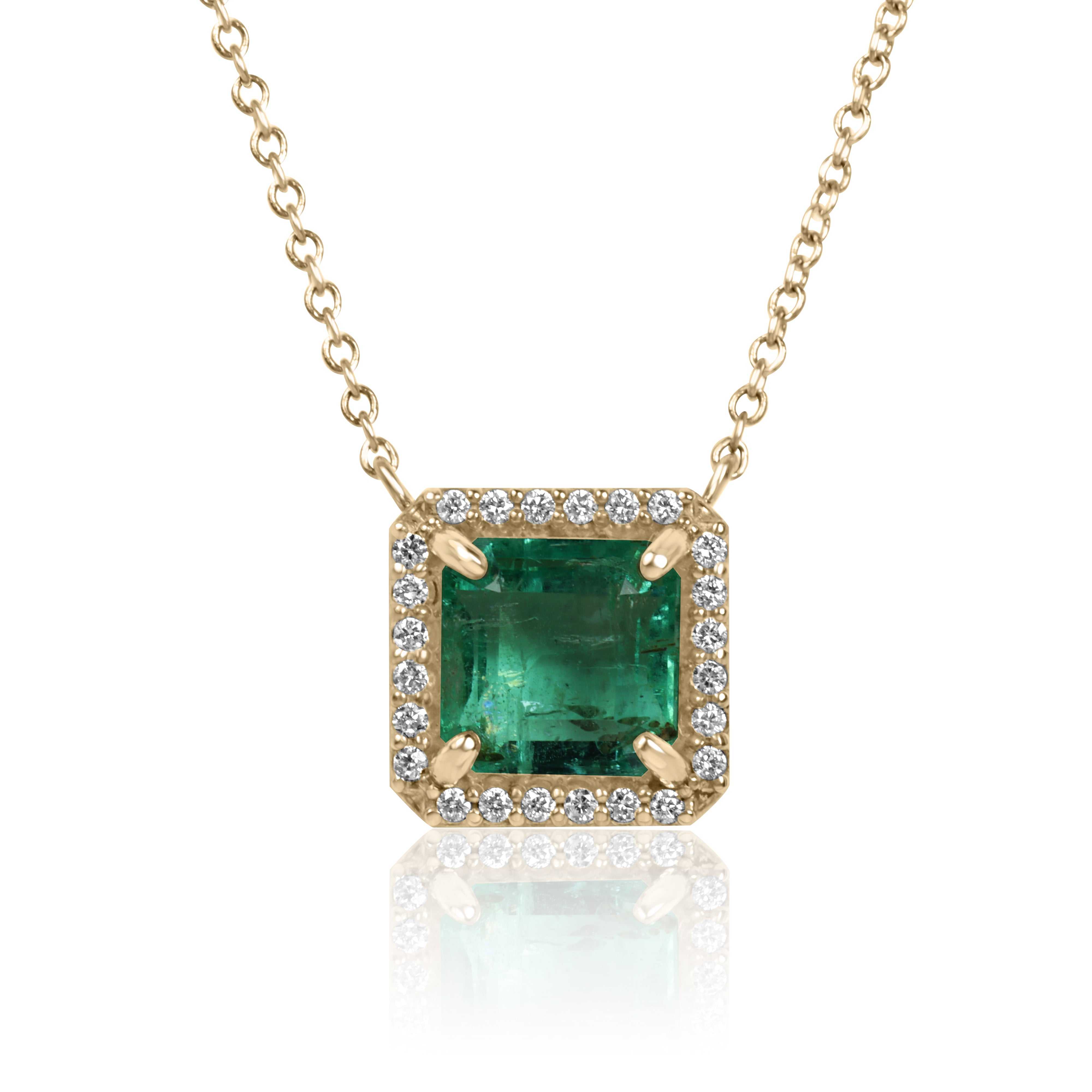 Asscher cut emerald and diamond halo stationary necklace with 14K gold chain by JR Colombian Emeralds.