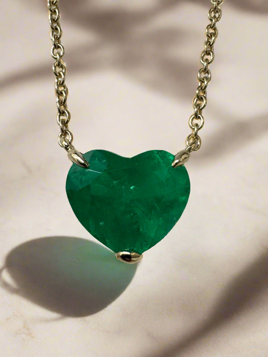 3.85 Carat Colombian Emerald Heart Cut Solitaire 18K Necklace