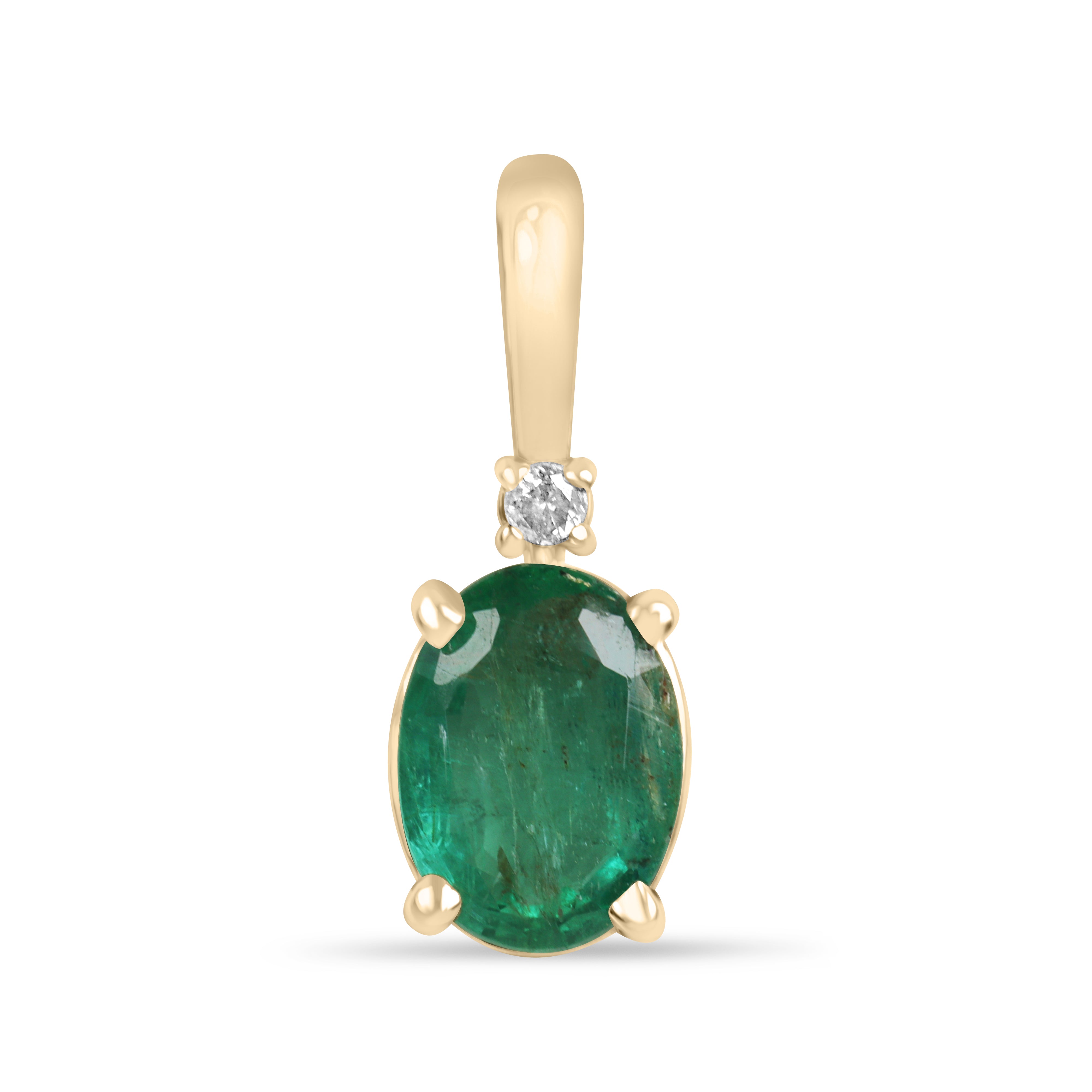 Oval cut 1.30tcw emerald pendant necklace with diamond accents in 14K yellow gold, featuring a JR Colombian Emeralds design.
