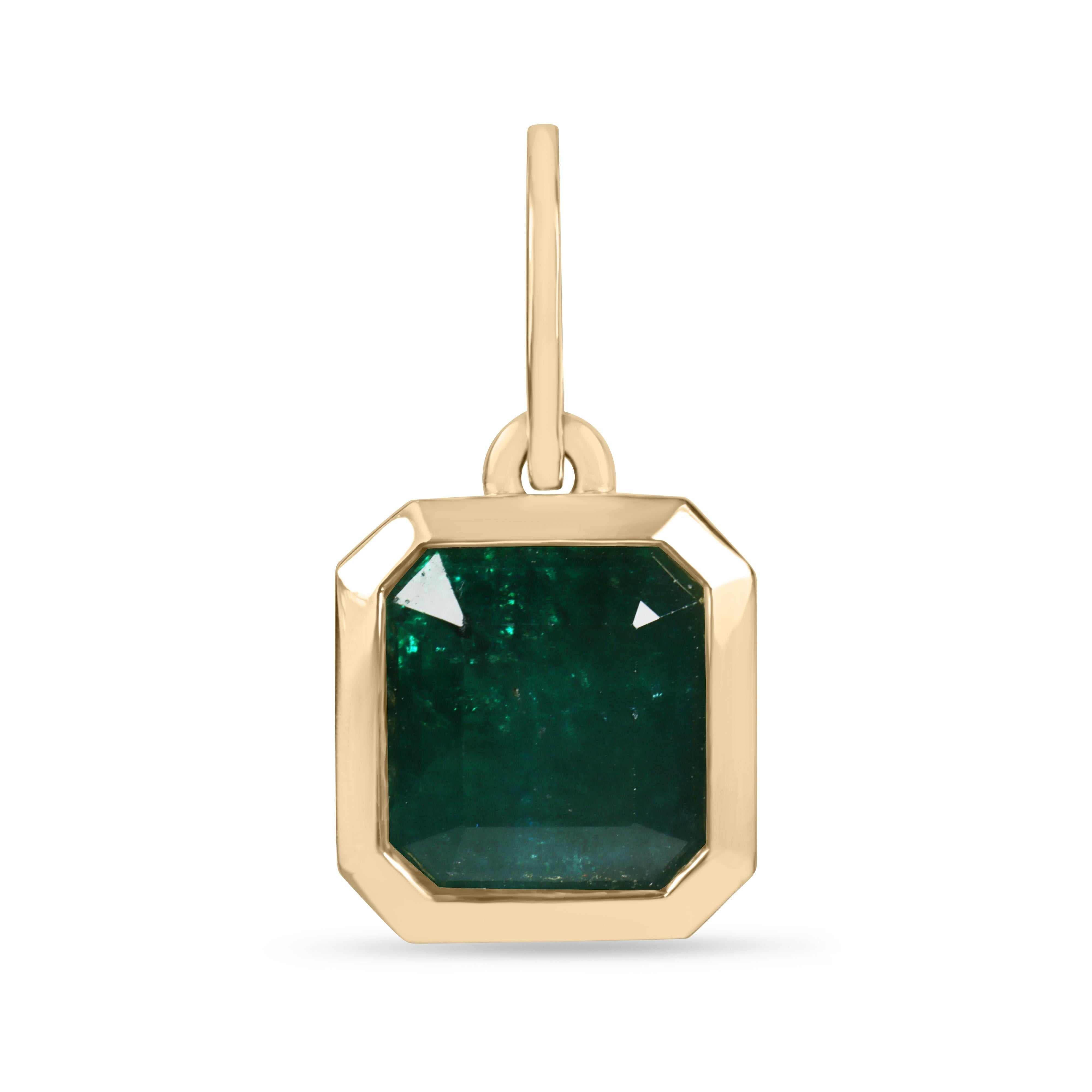 Dark green Zambian emerald necklace featuring a 4.98 carat bezel set emerald pendant in 14K gold by JR Colombian Emeralds.