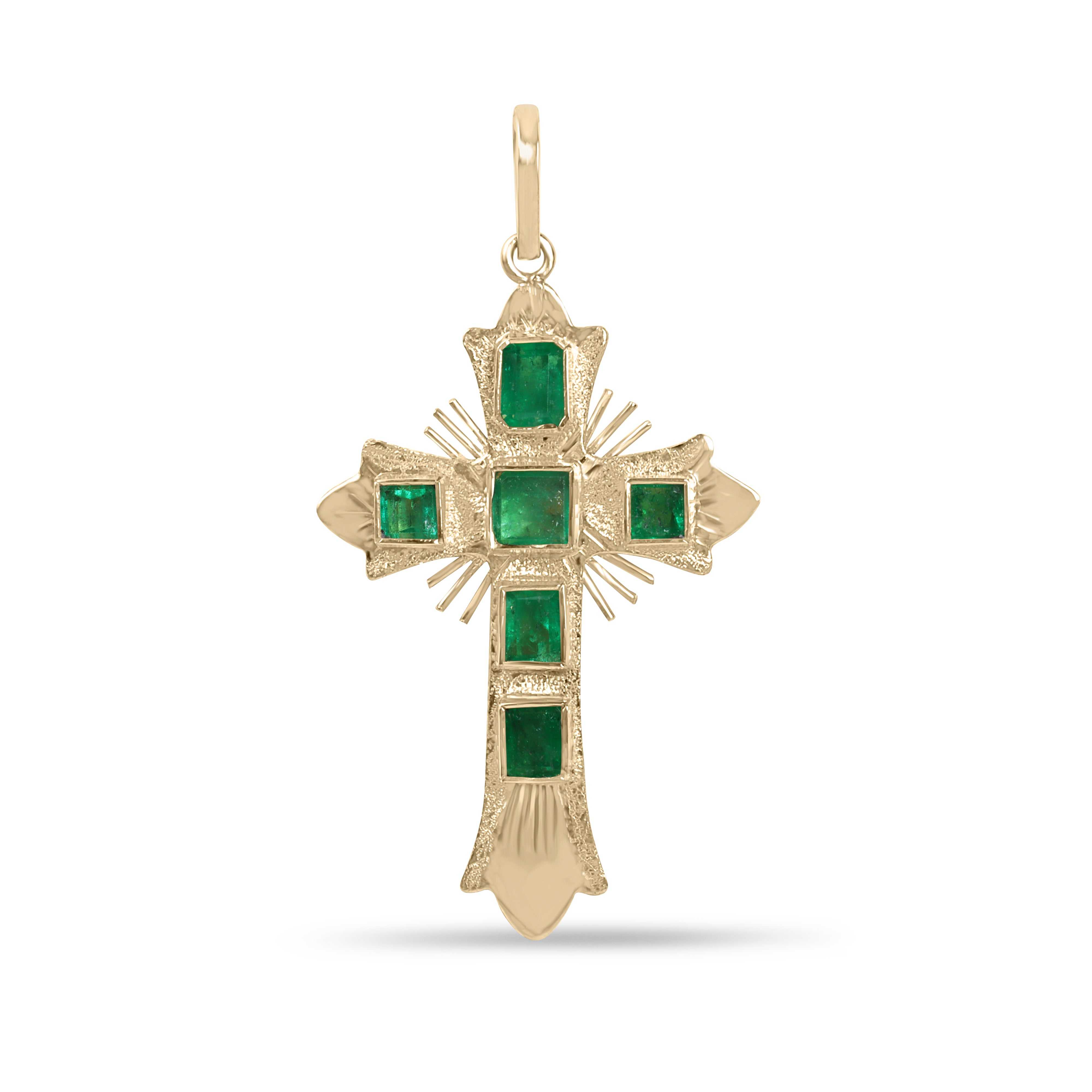 Pre-Columbian inspired 18K Colombian emerald cross necklace by JR Colombian Emeralds, featuring intricate design and vibrant green gemstones.
