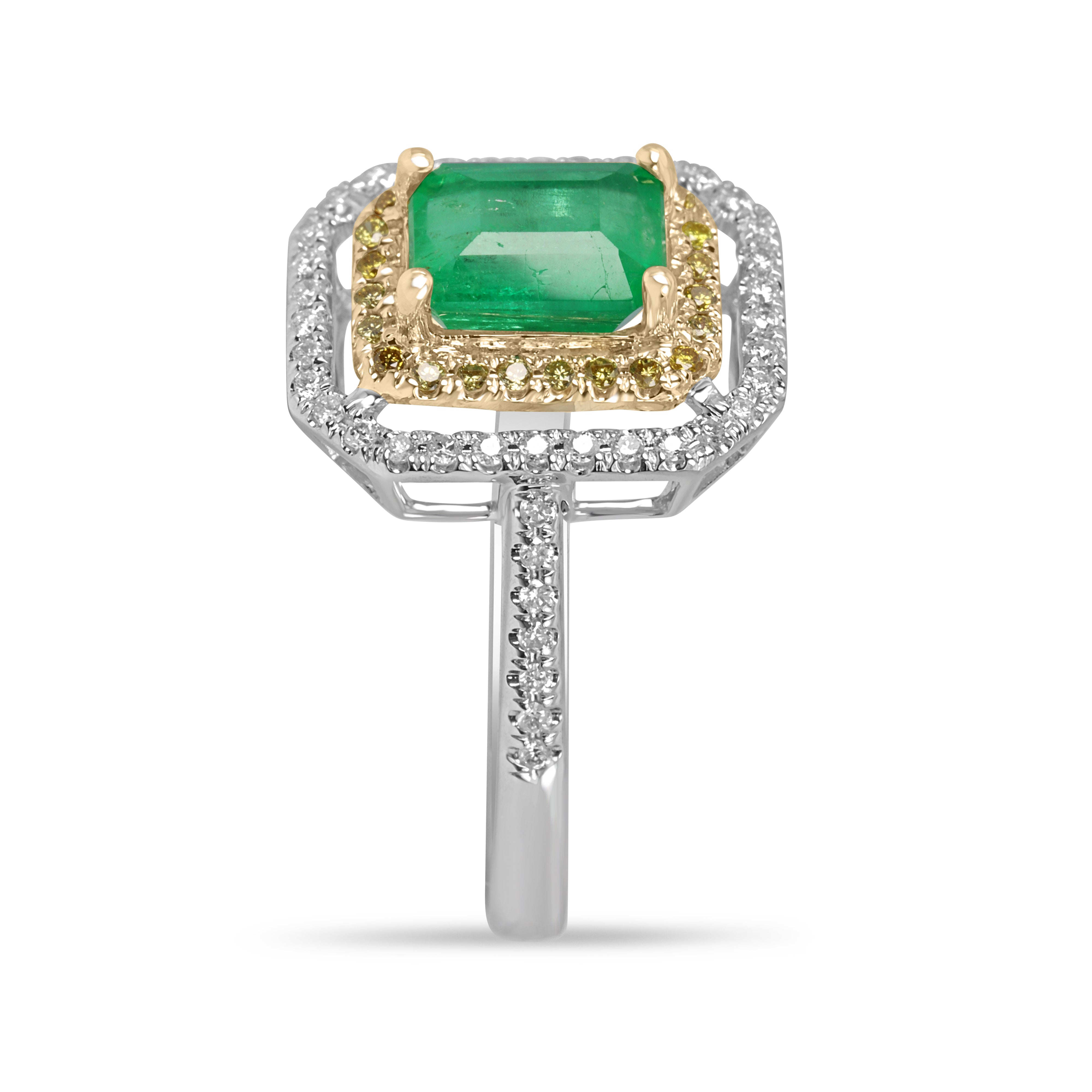 14K gold halo ring featuring 1.65tcw Colombian emerald and yellow diamonds, showcasing elegant gemstone details and craftsmanship.