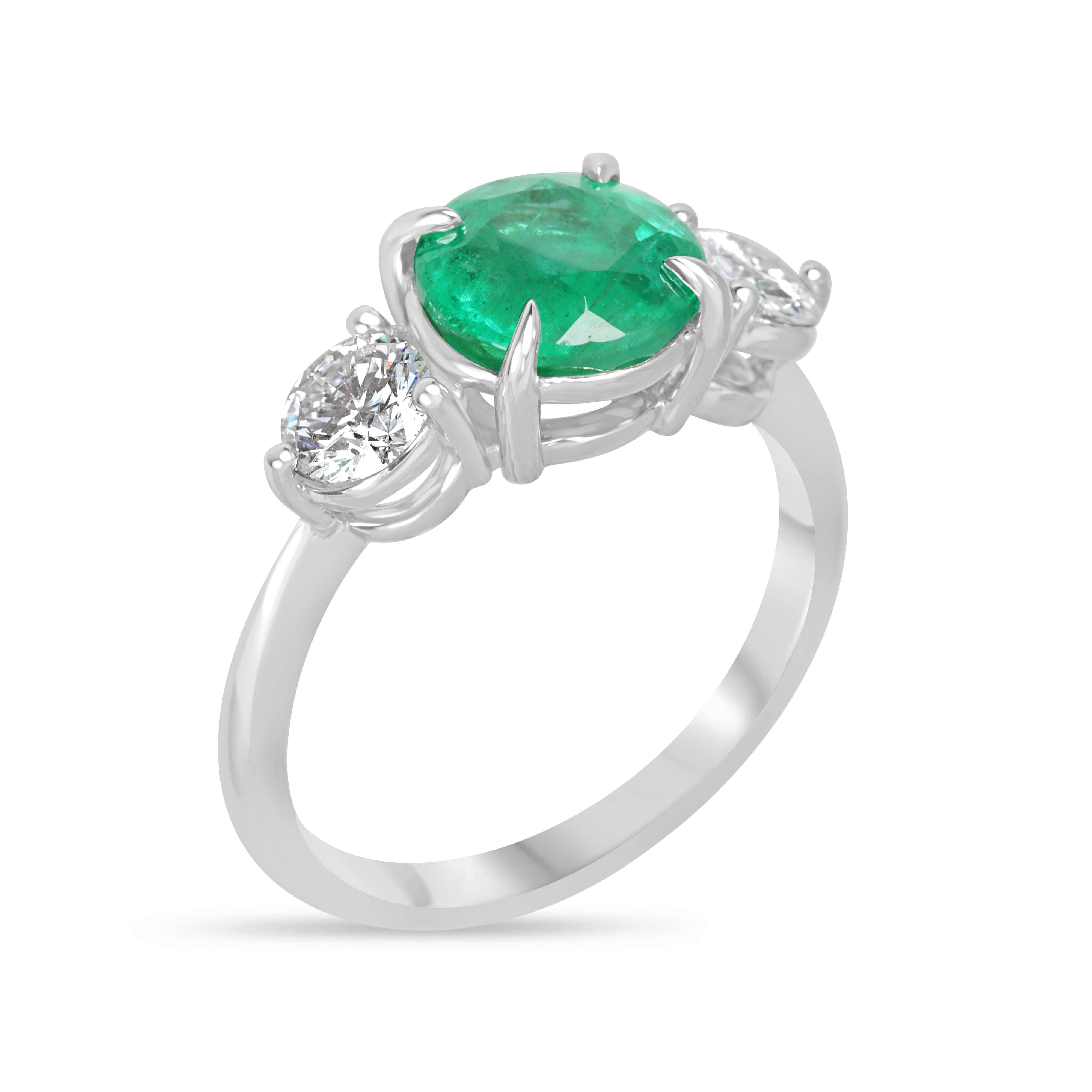 14K white gold 2.91tcw emerald and diamond 3-stone engagement ring with JR Colombian Emeralds, showcasing sparkling gemstones and elegant design.