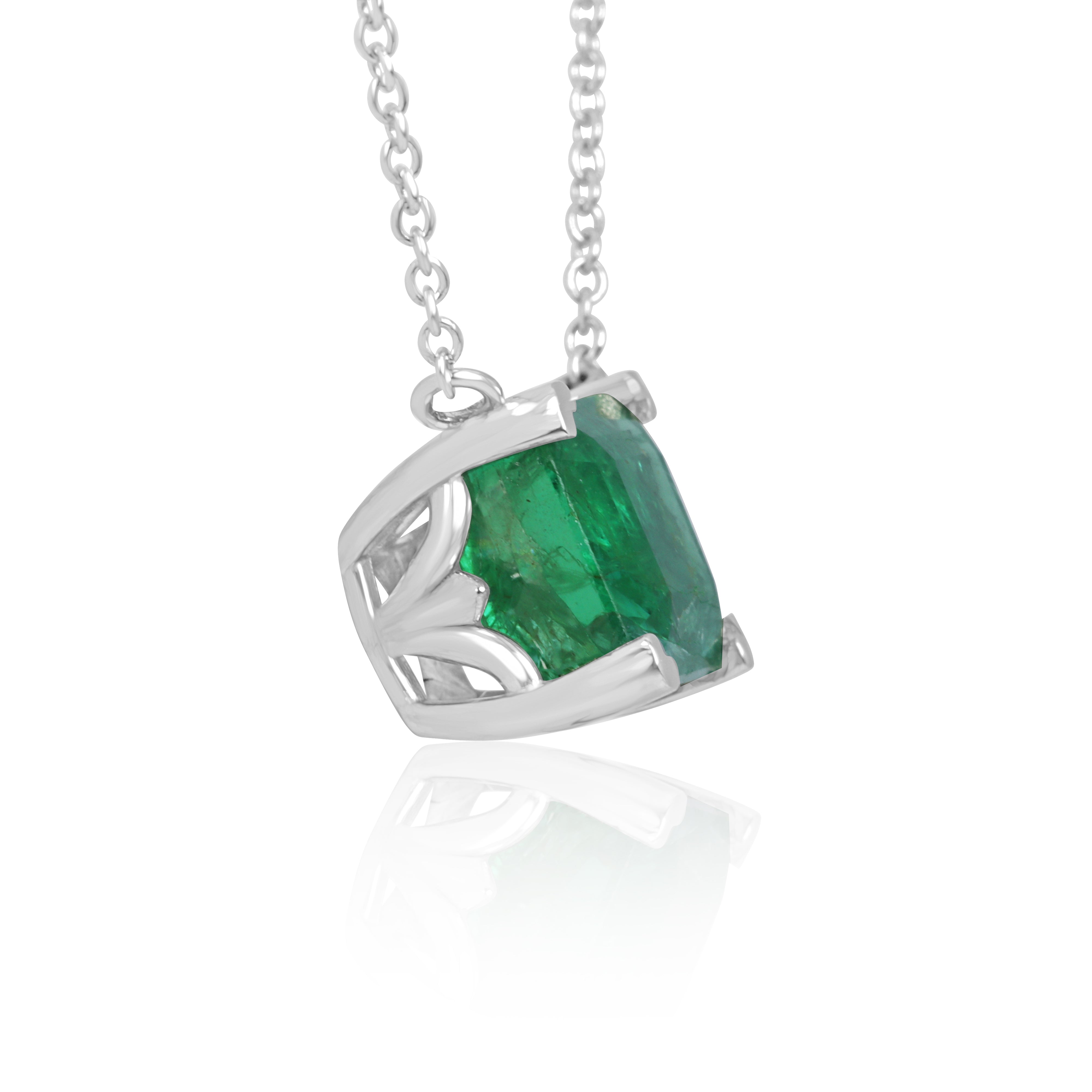 18K white gold emerald solitaire necklace featuring a 2.99 carat natural emerald by JR Colombian Emeralds.
