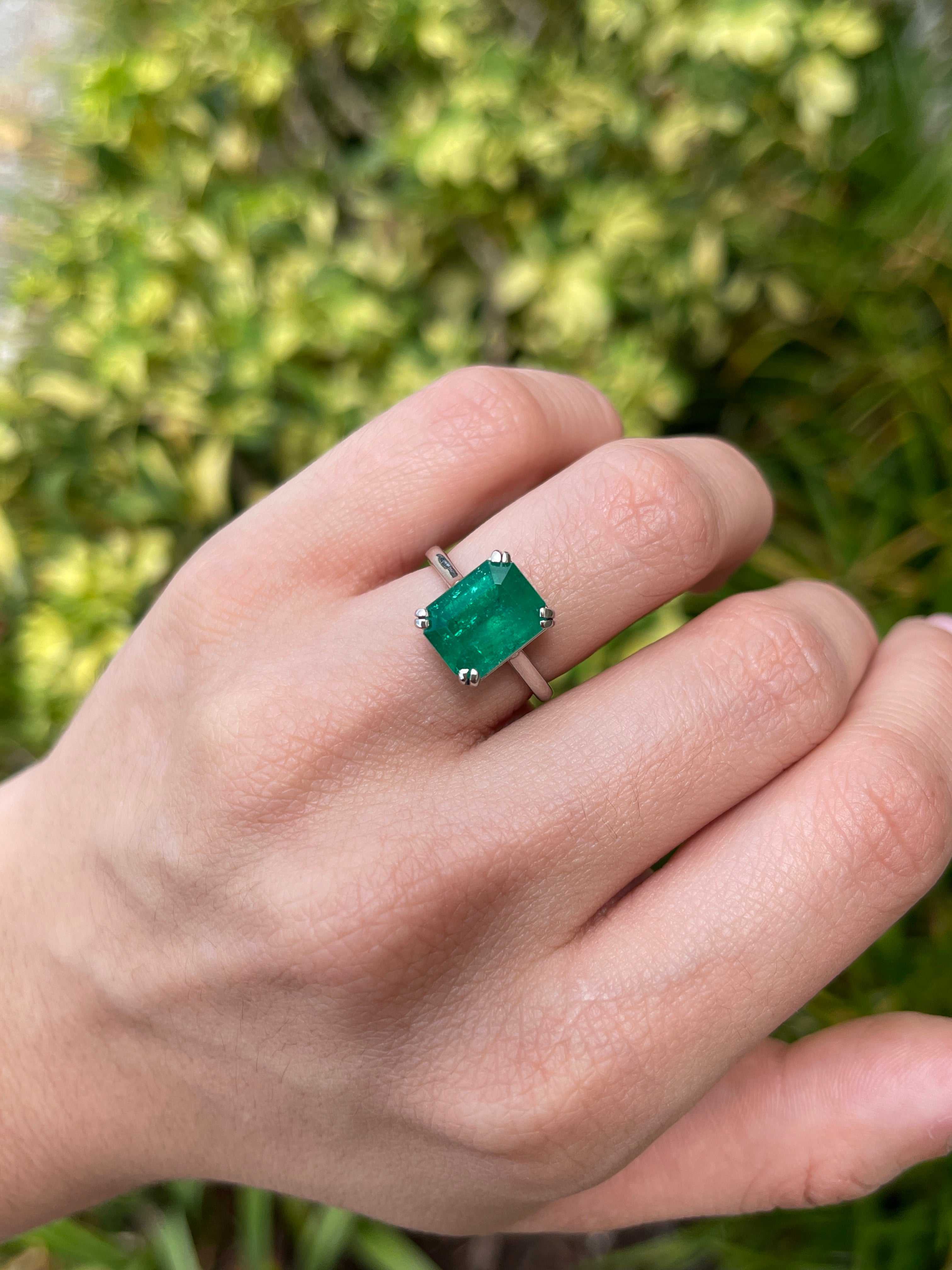 4.20ct Platinum Deep Rich Green Colombian Emerald Cut Emerald Solitaire Engagement Ring - JR Colombian Emeralds