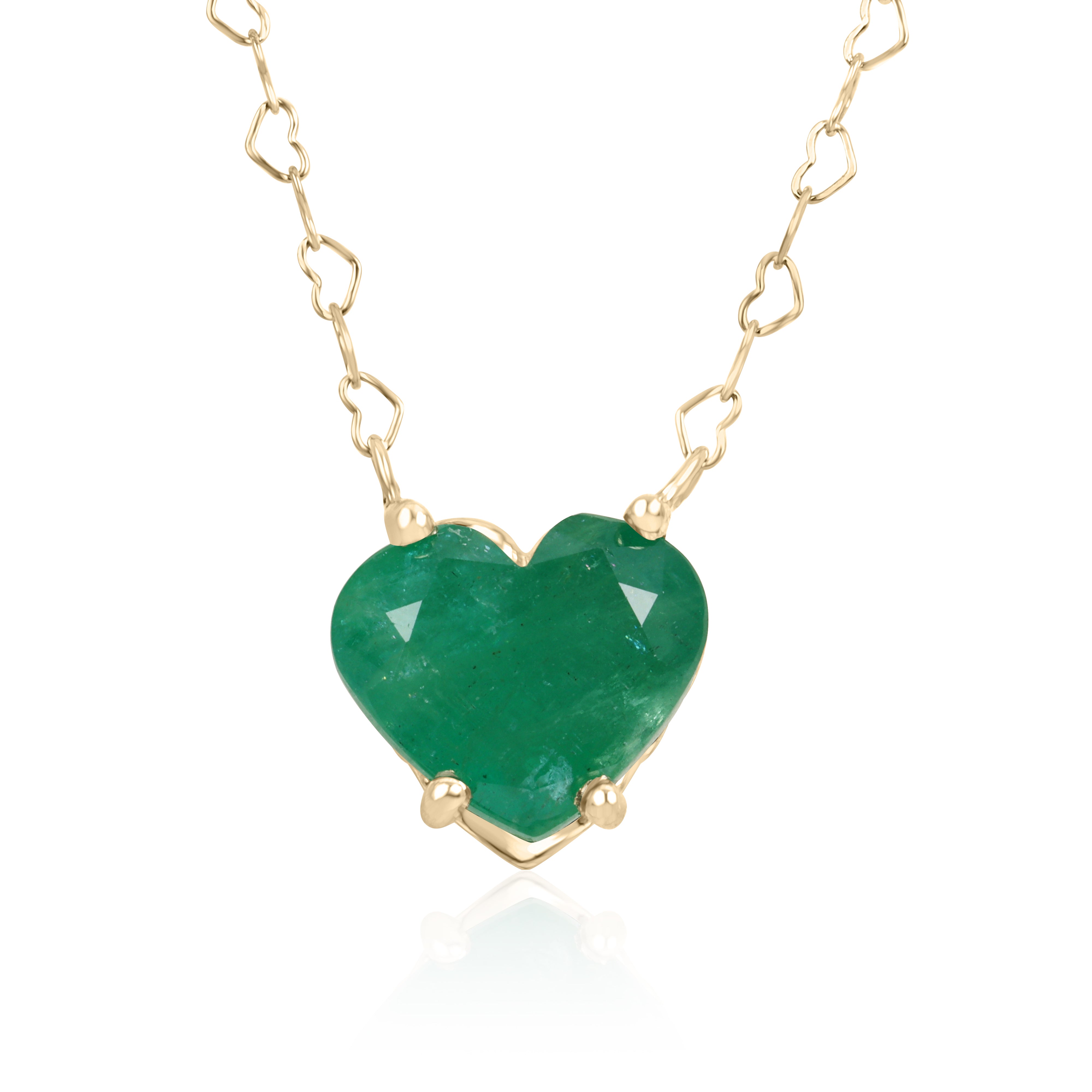 Natural Zambian emerald heart solitaire necklace with a 4.07 carat emerald by JR Colombian Emeralds, shown on a chain.