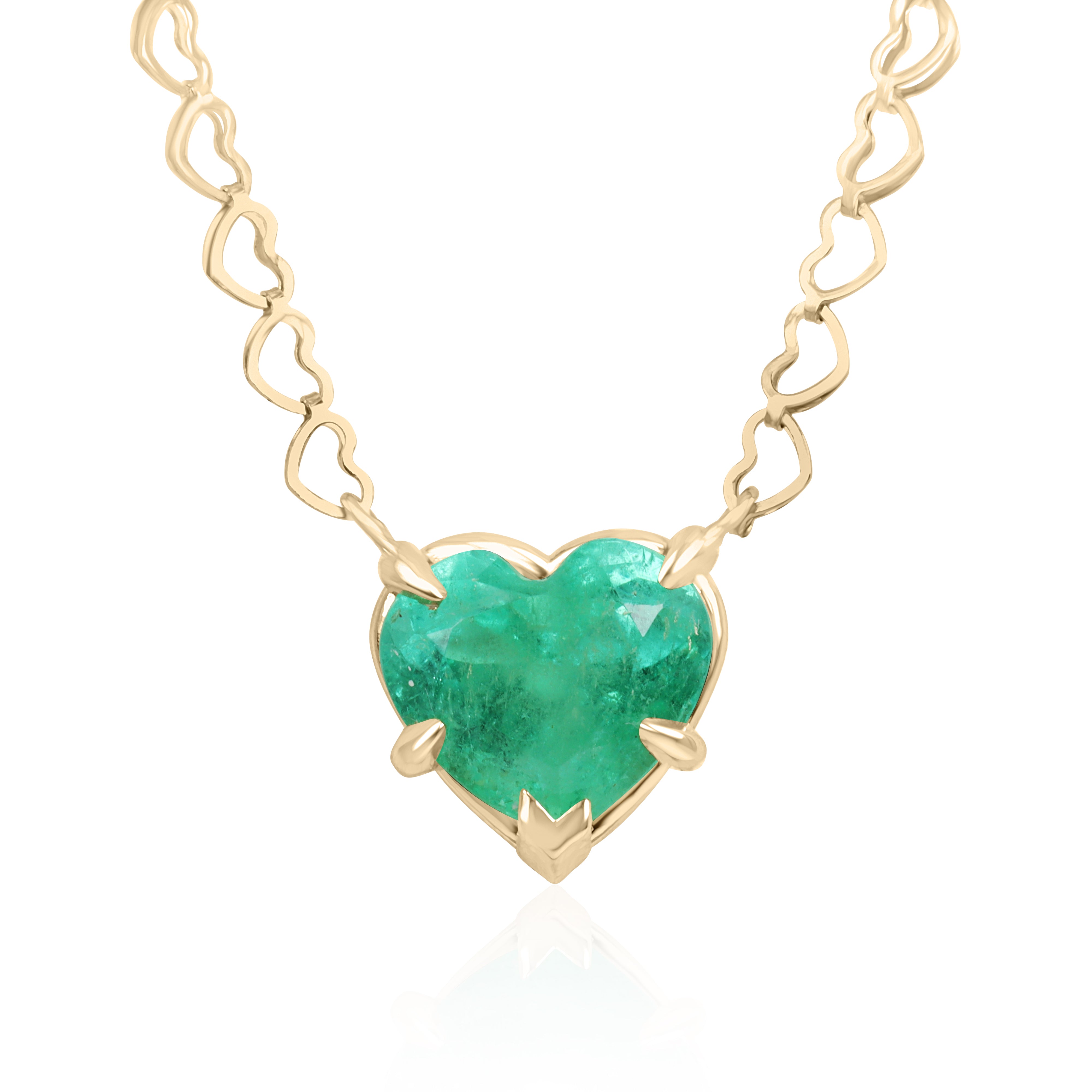 Natural Colombian emerald heart pendant on a stationary necklace with 14K gold chain, featuring a 2.70-carat emerald from JR Colombian Emeralds.