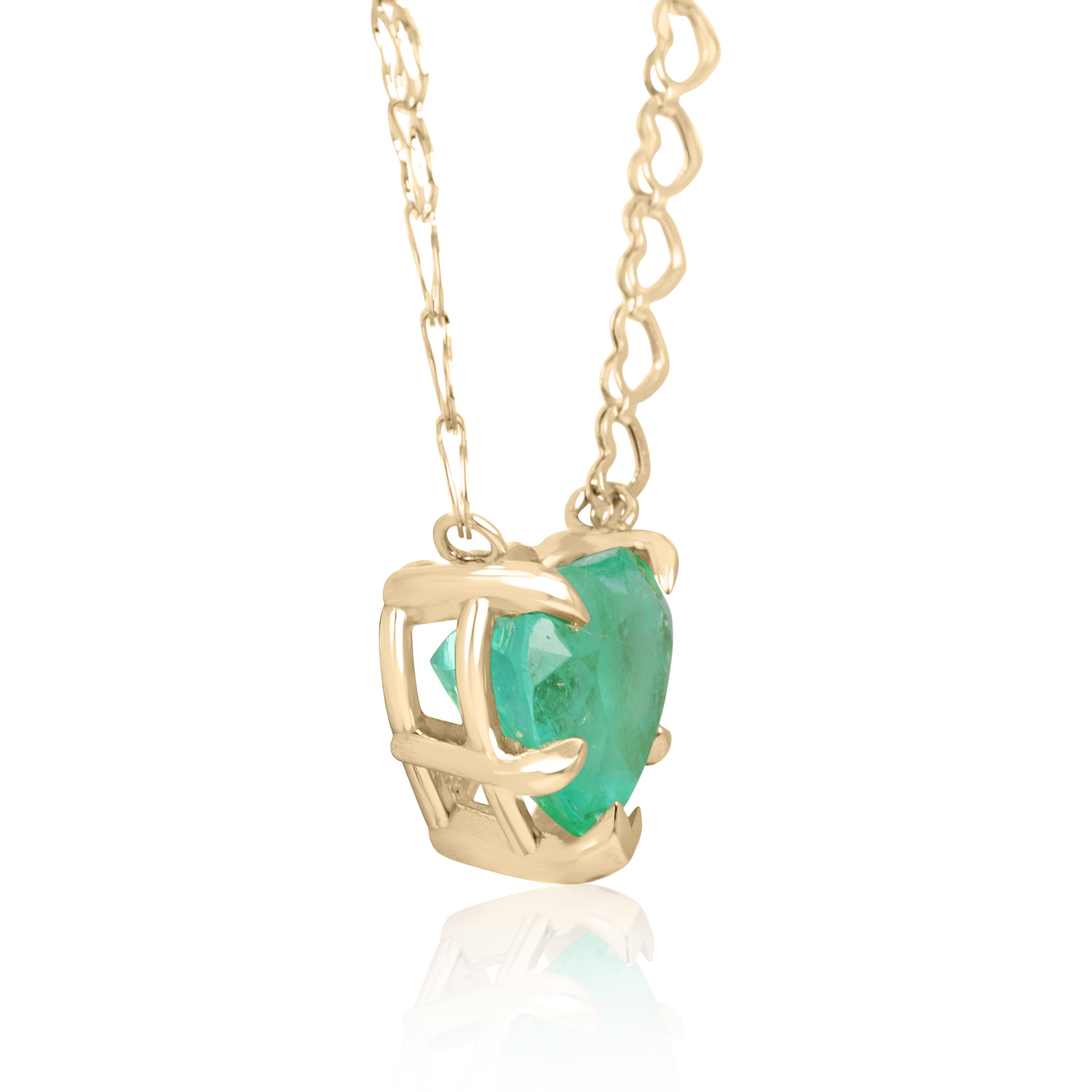Natural Colombian emerald heart solitaire necklace with 2.70 carats in 14K gold, featuring a vibrant green emerald pendant.