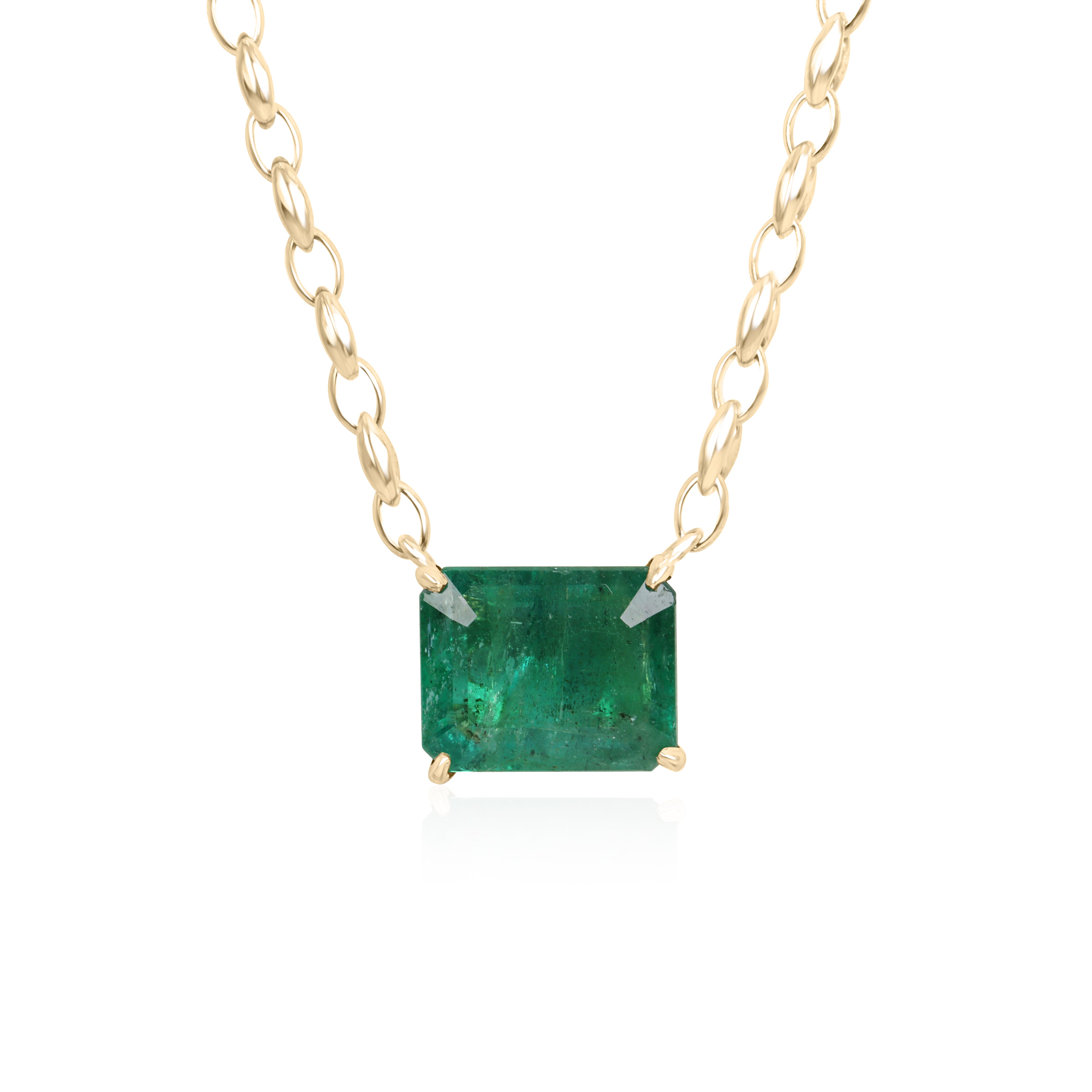 7.30 carat east-to-west emerald solid Gucci link necklace in 14K gold, 20-inch length, by JR Colombian Emeralds.