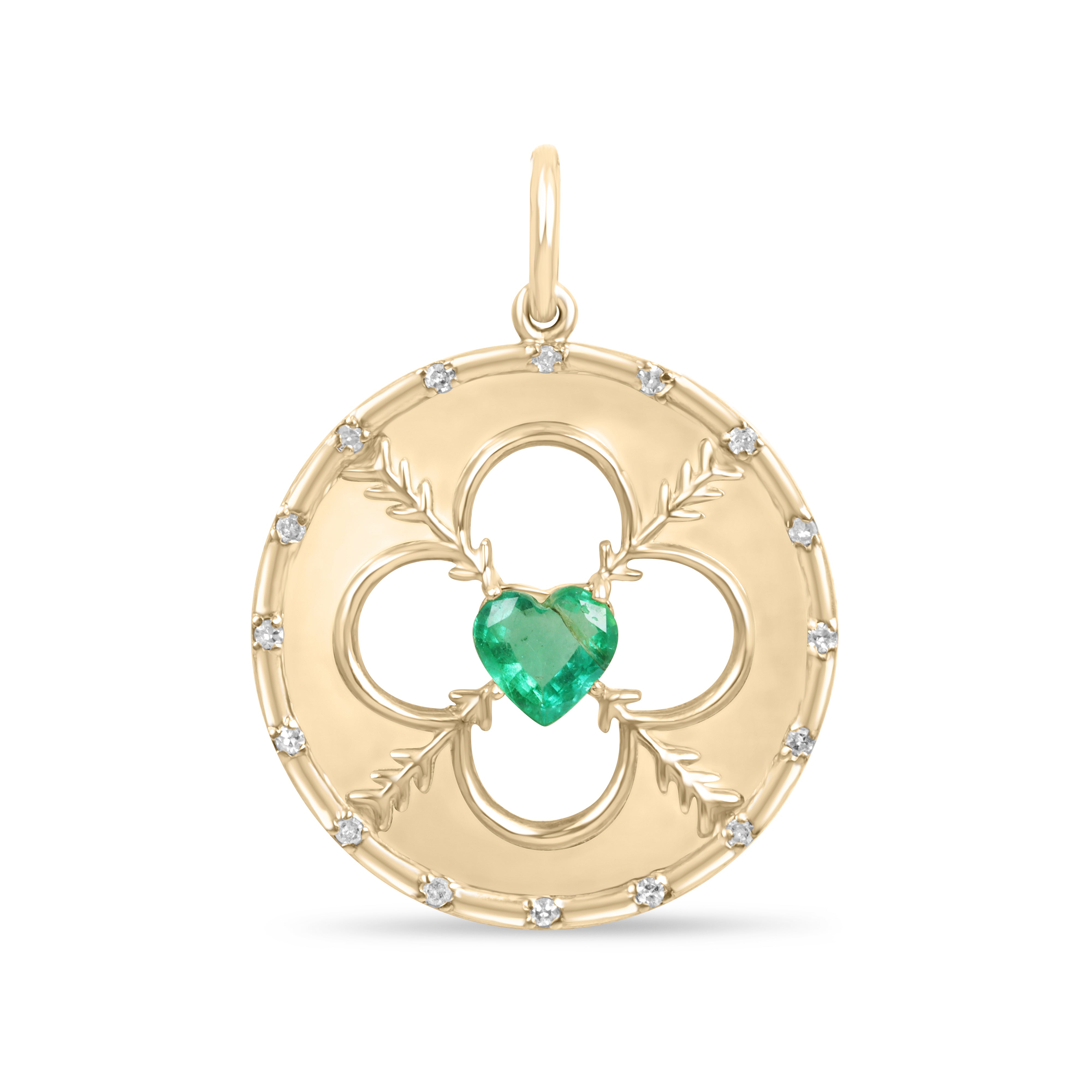 14K gold heart-shaped emerald and diamond motif medallion pendant with 0.86tcw from JR Colombian Emeralds, showcasing intricate design.