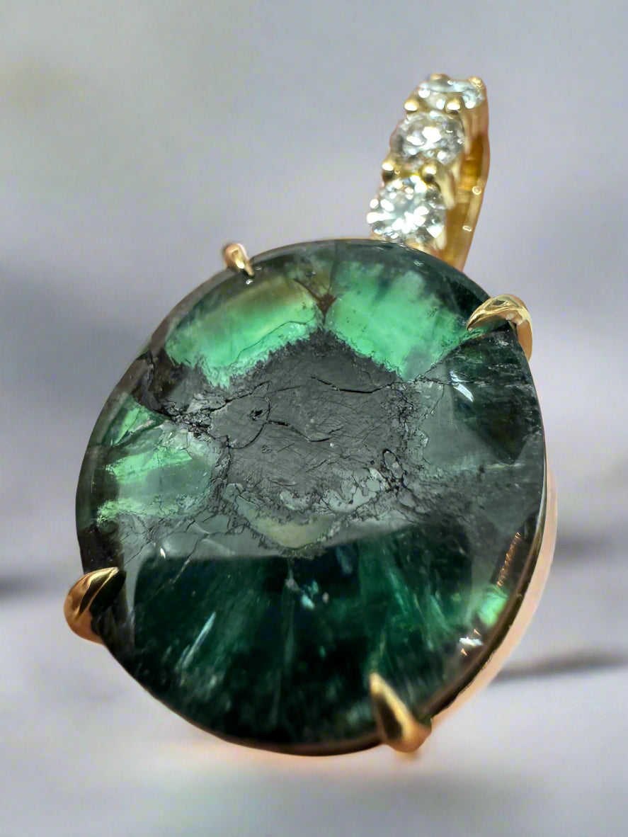 12.32tcw Oval Trapiche Colombian Emerald & Diamond Accented Pendant 18K