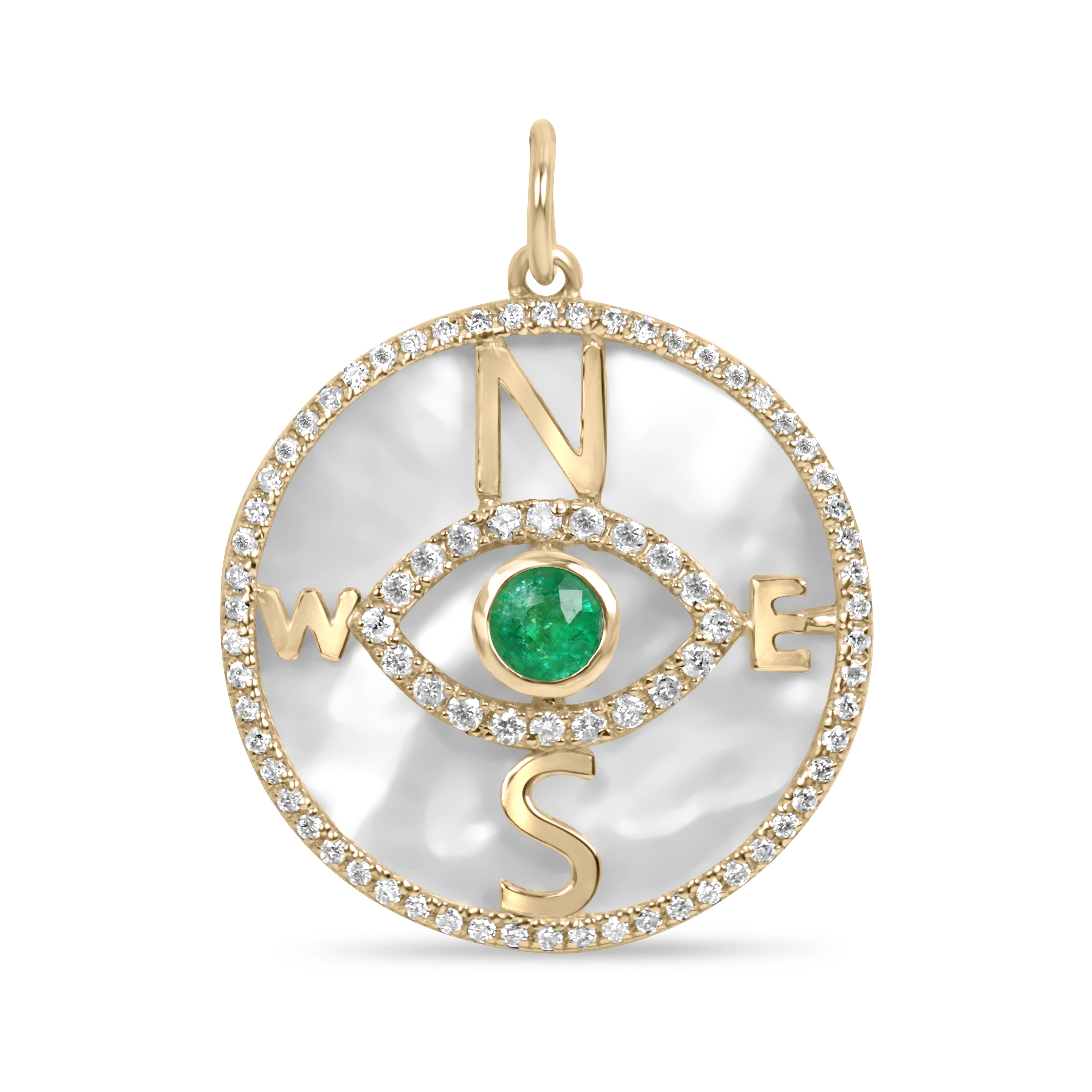 14K gold necklace with round emerald and diamond accents featuring a mother of pearl compass evil eye pendant by JR Colombian Emeralds