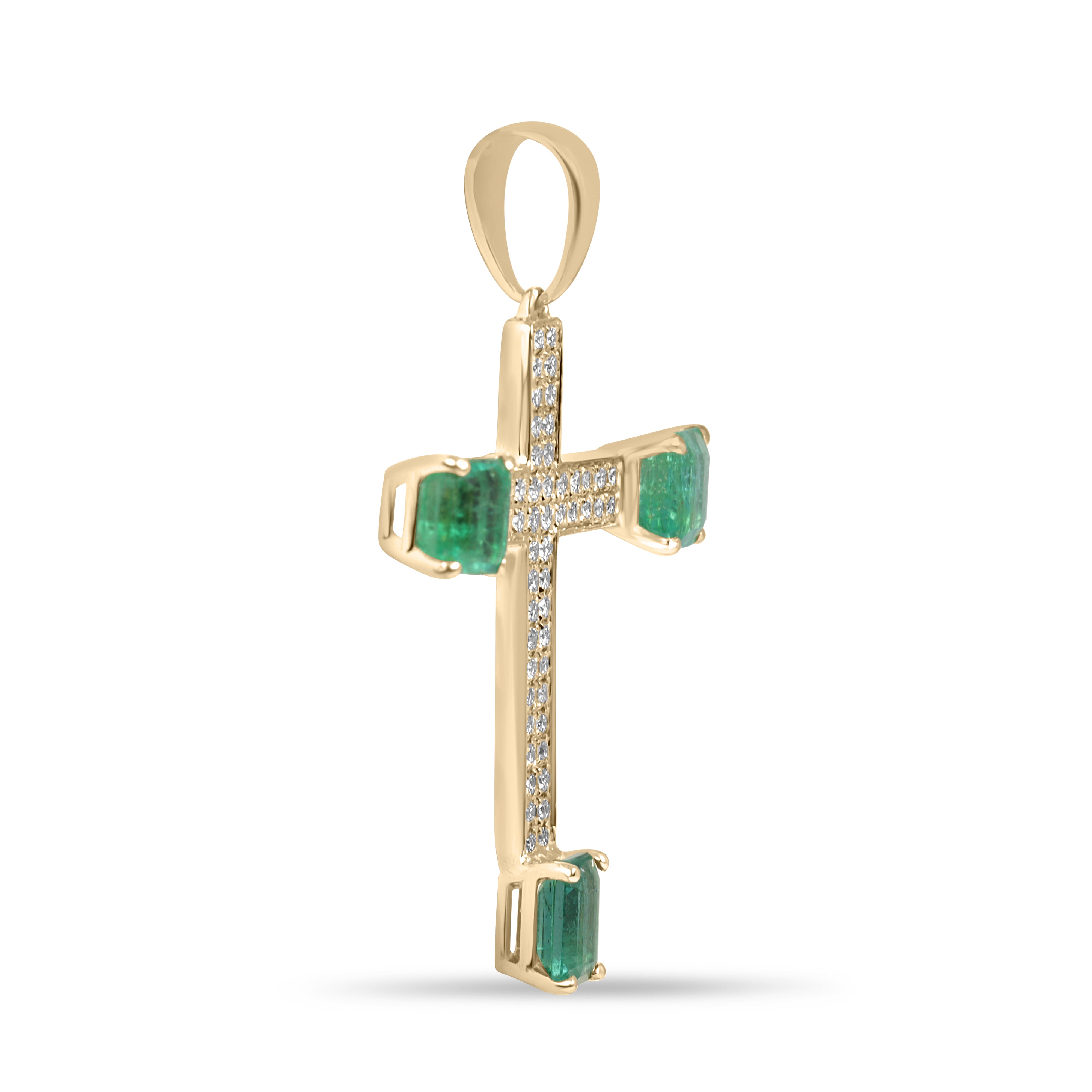 4.01tcw 14K Natural Emerald & Diamond Pave Cross Pendant Necklace