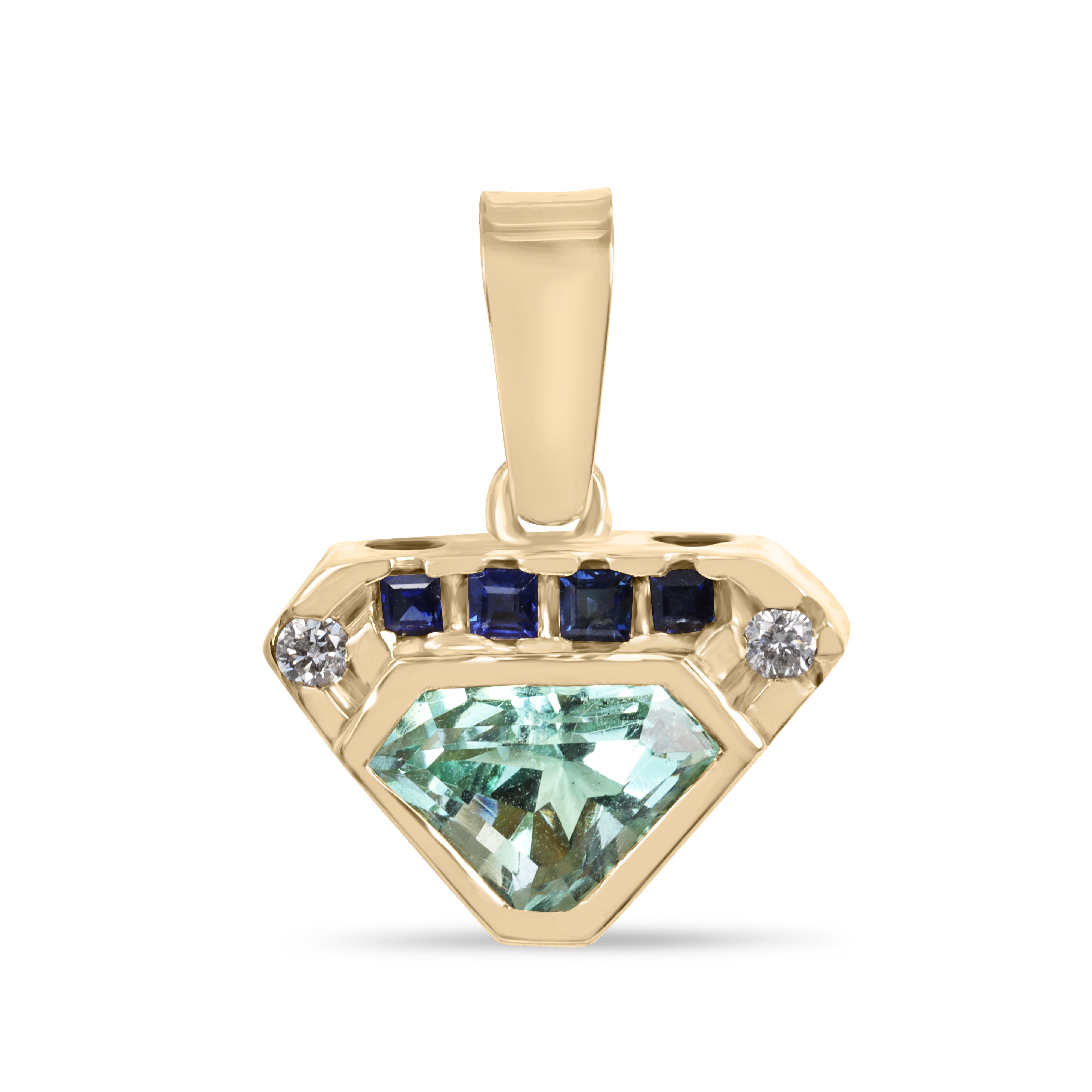 VVS clarity Colombian emerald shield cut pendant with blue sapphire and diamonds, featuring 2.80 carats total weight.