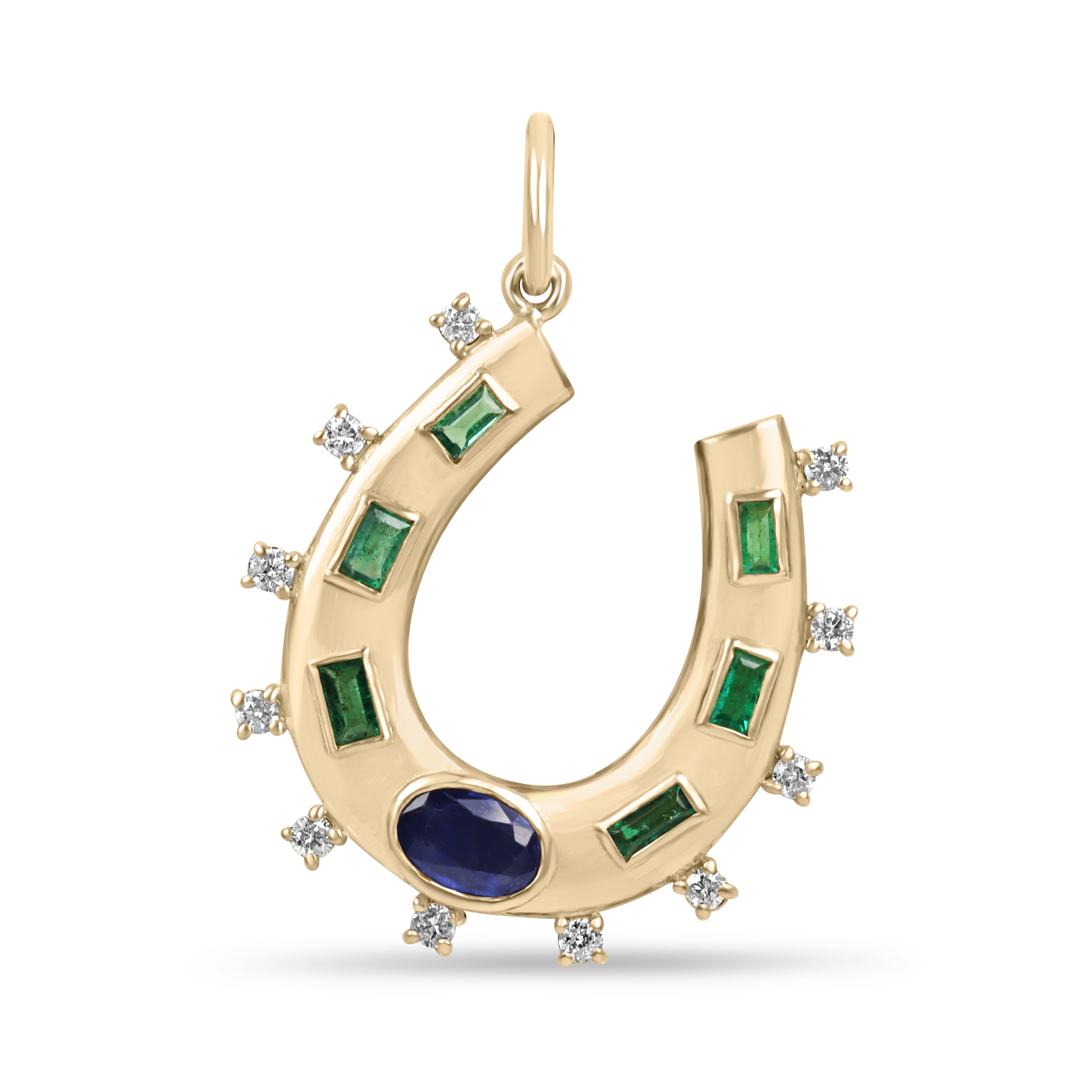 14K gold horseshoe charm pendant with 1.26tcw natural sapphires, emeralds, and diamonds from JR Colombian Emeralds.