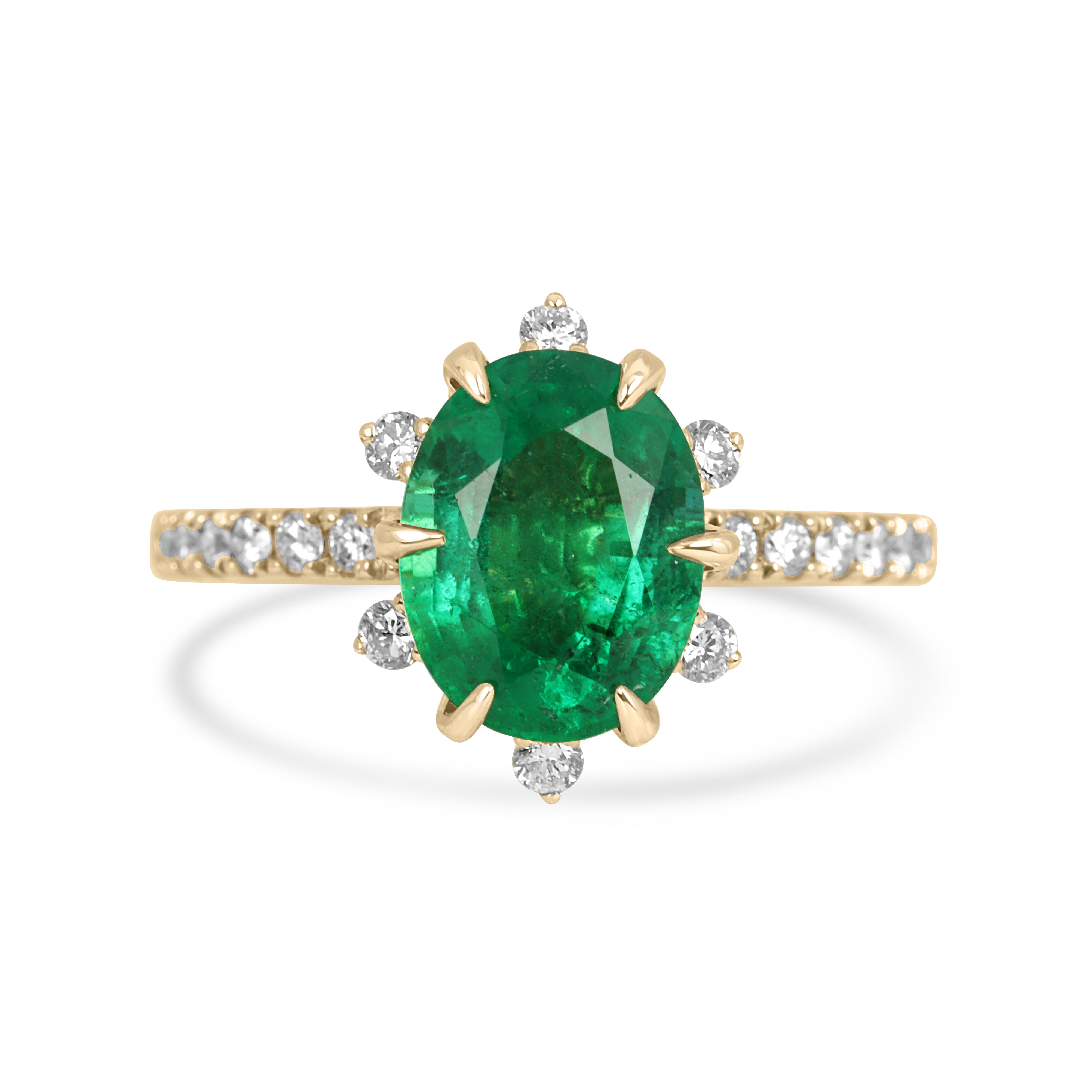 3.43tcw 14K Vivid Green Oval Emerald & Floral Diamond Halo with Diamond Accent Shank Engagement Right