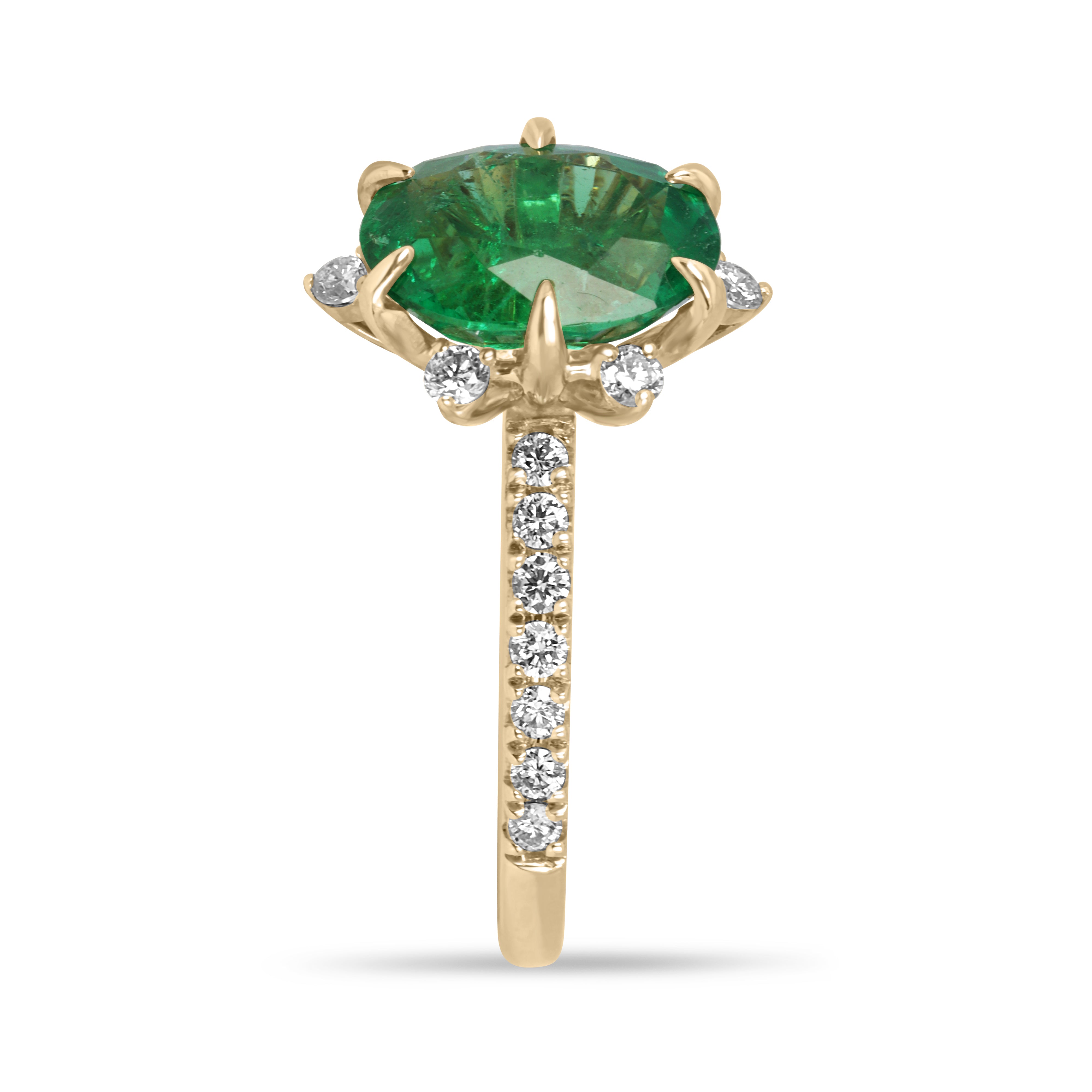 3.43tcw 14K Vivid Green Oval Emerald & Floral Diamond Halo with Diamond Accent Shank Engagement Right