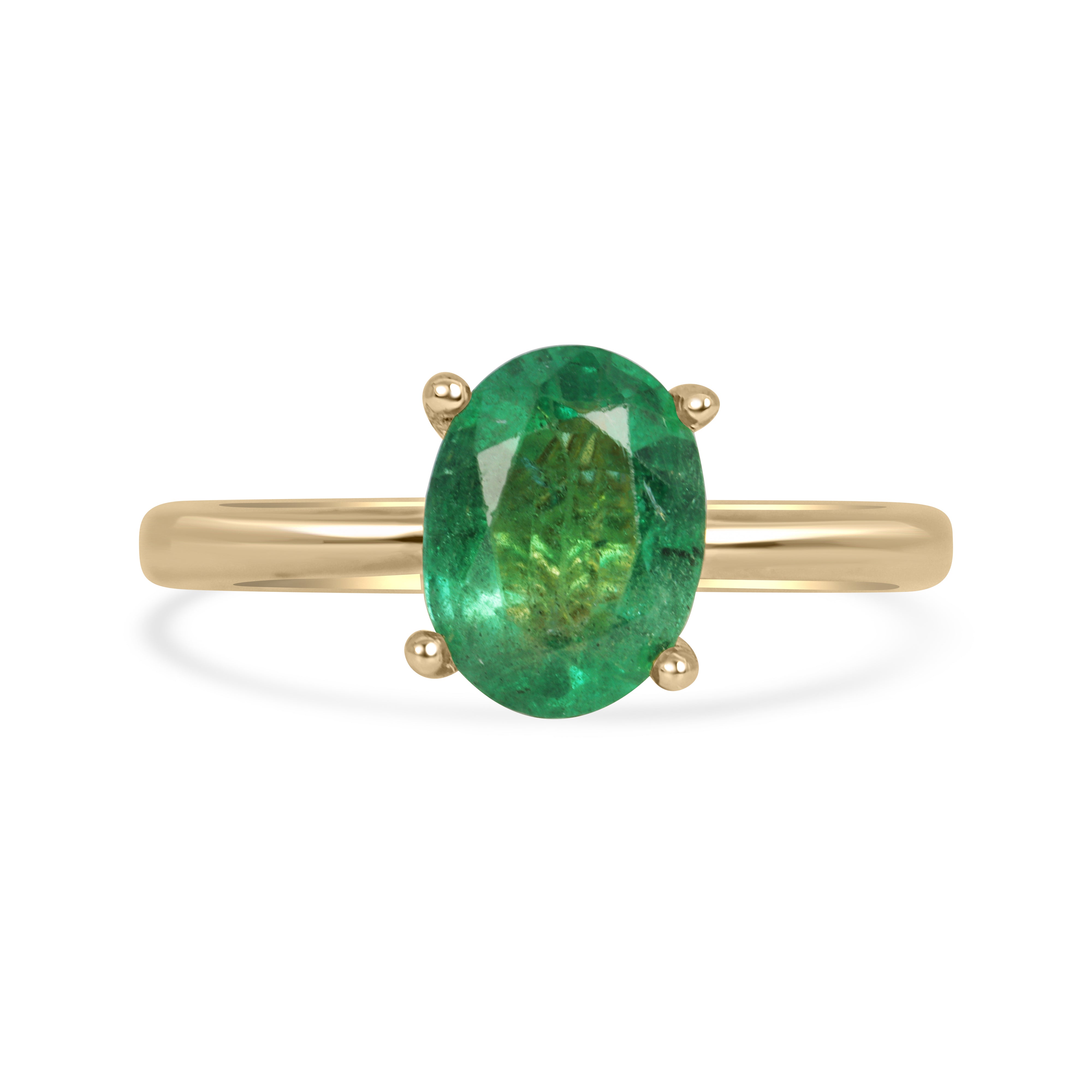 Oval cut 1.43 carat natural emerald solitaire engagement ring with 18K gold four prongs by JR Colombian Emeralds.