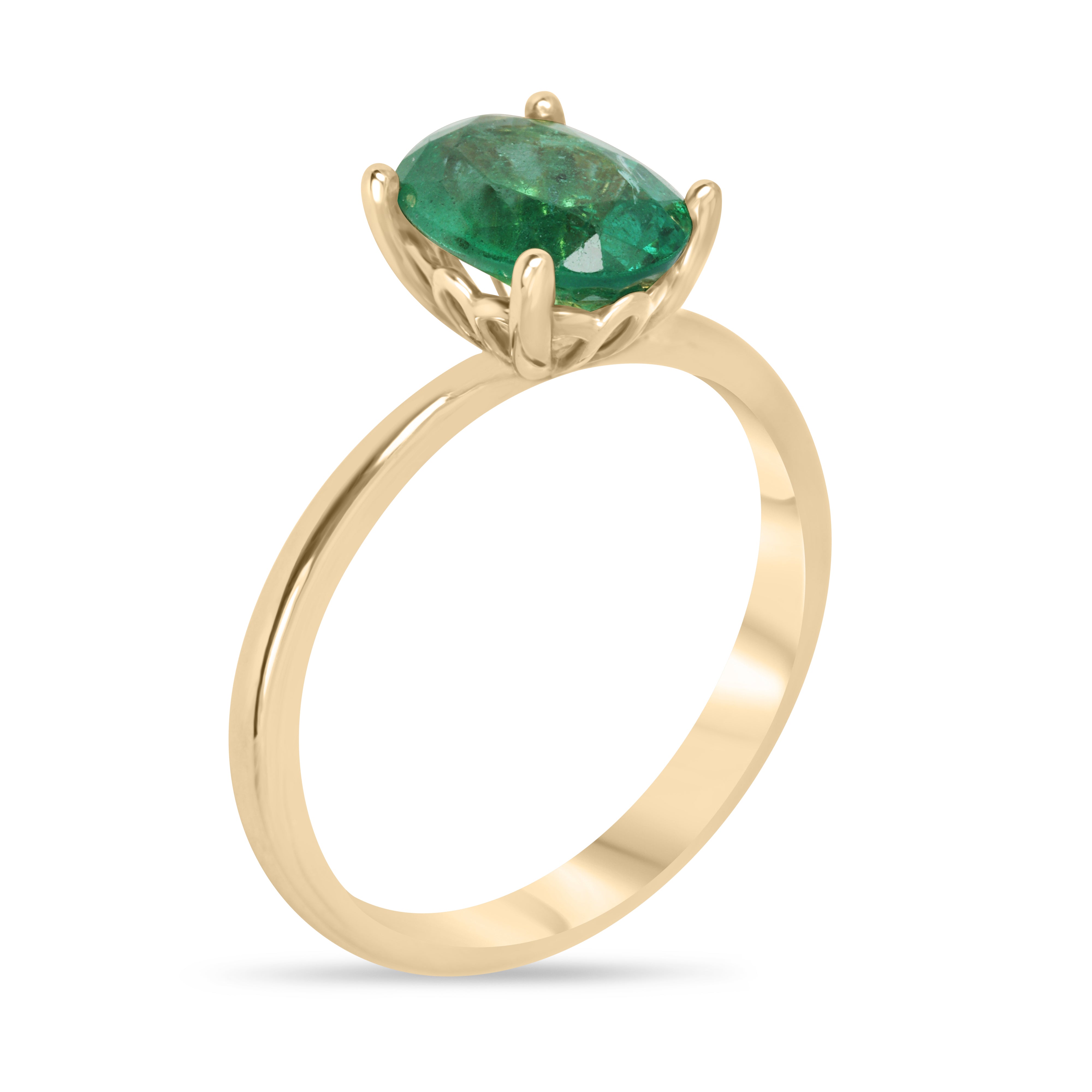 Natural 1.43 carat emerald oval cut solitaire engagement ring in 18K gold by JR Colombian Emeralds, featuring a four-prong setting.
