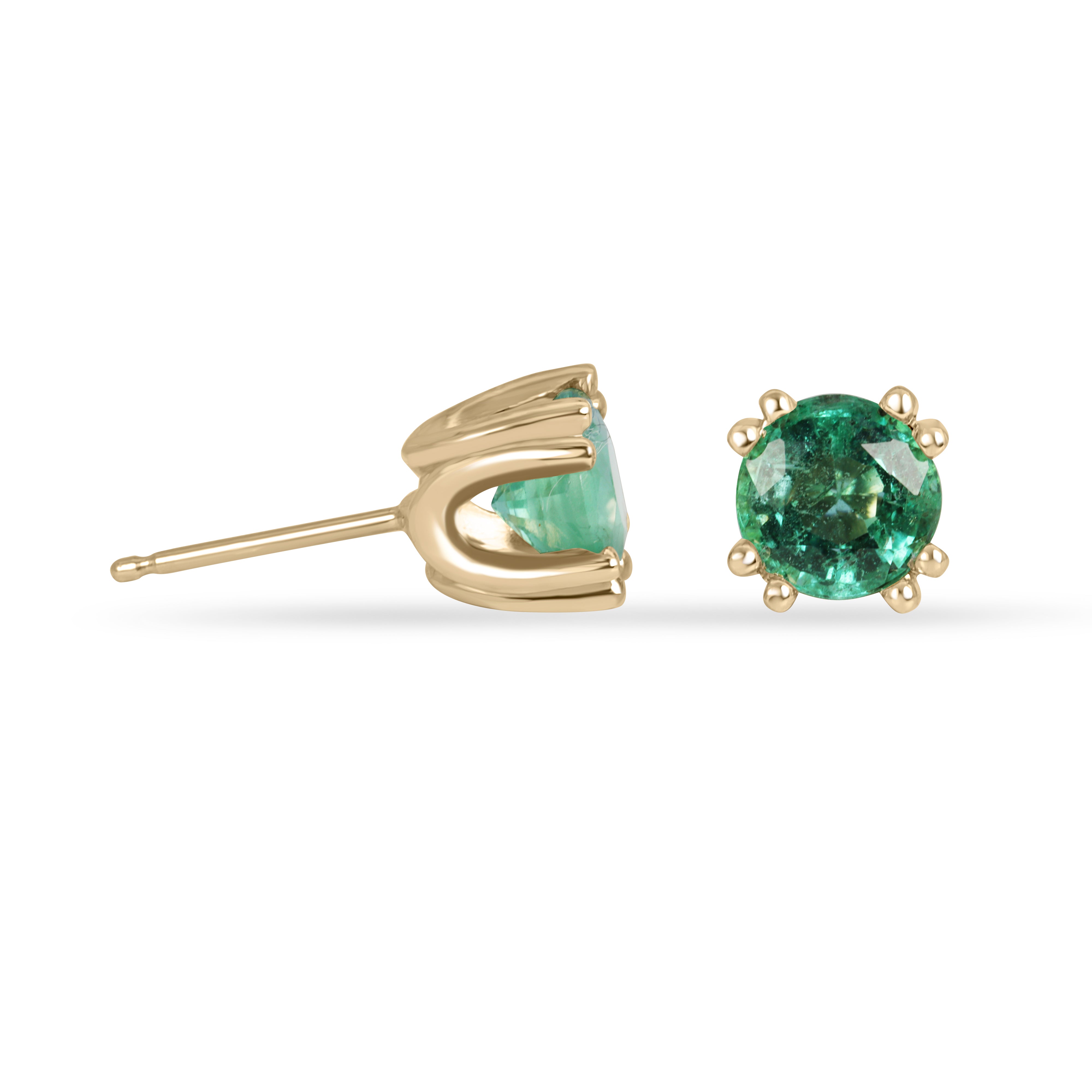 14K gold double prong round emerald stud earrings with 1.80tcw from JR Colombian Emeralds, showcasing vibrant green gemstones.
