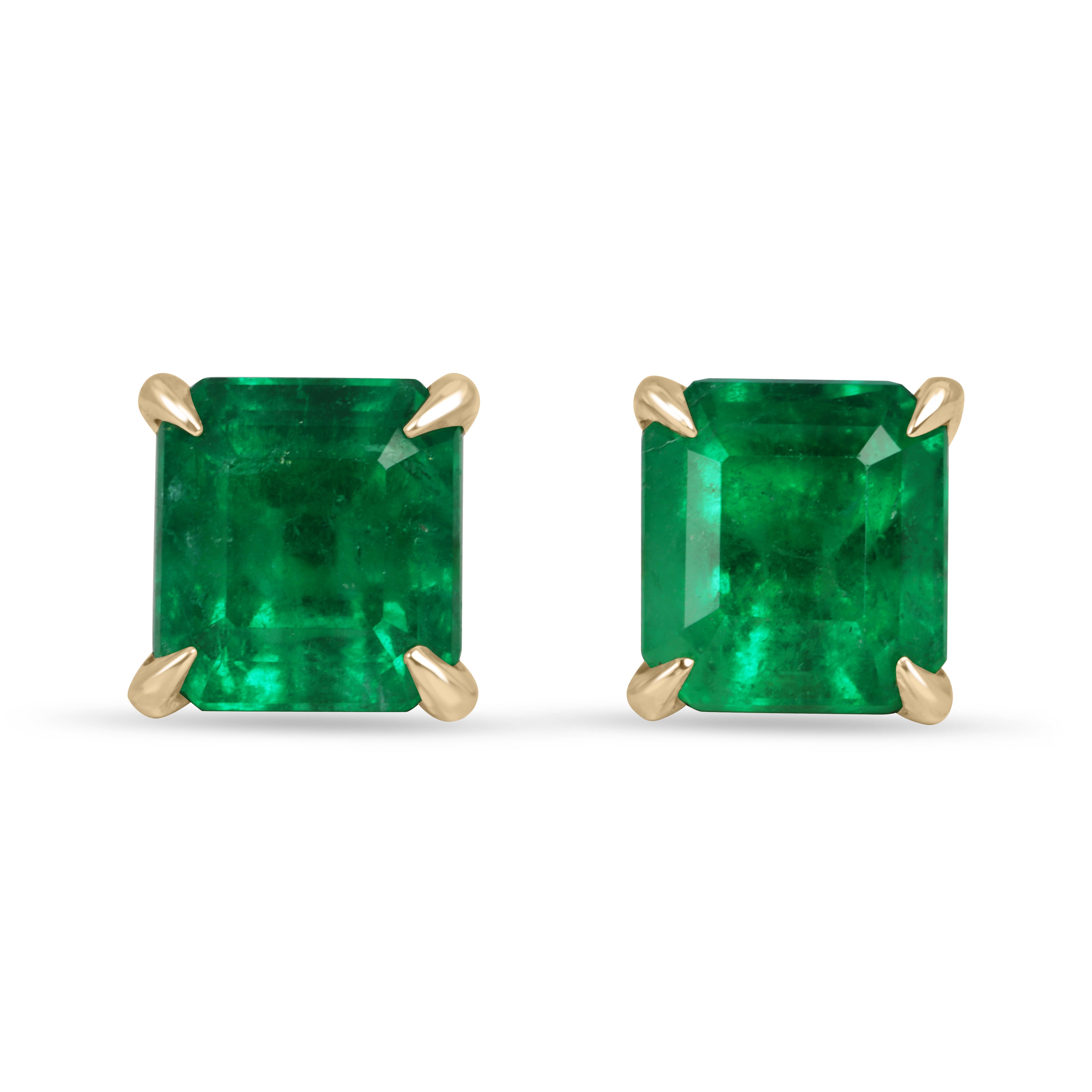 Pair of 2.02tcw AAA+ Asscher cut Colombian emerald stud earrings with 18K gold settings, showcasing vibrant green gemstones.