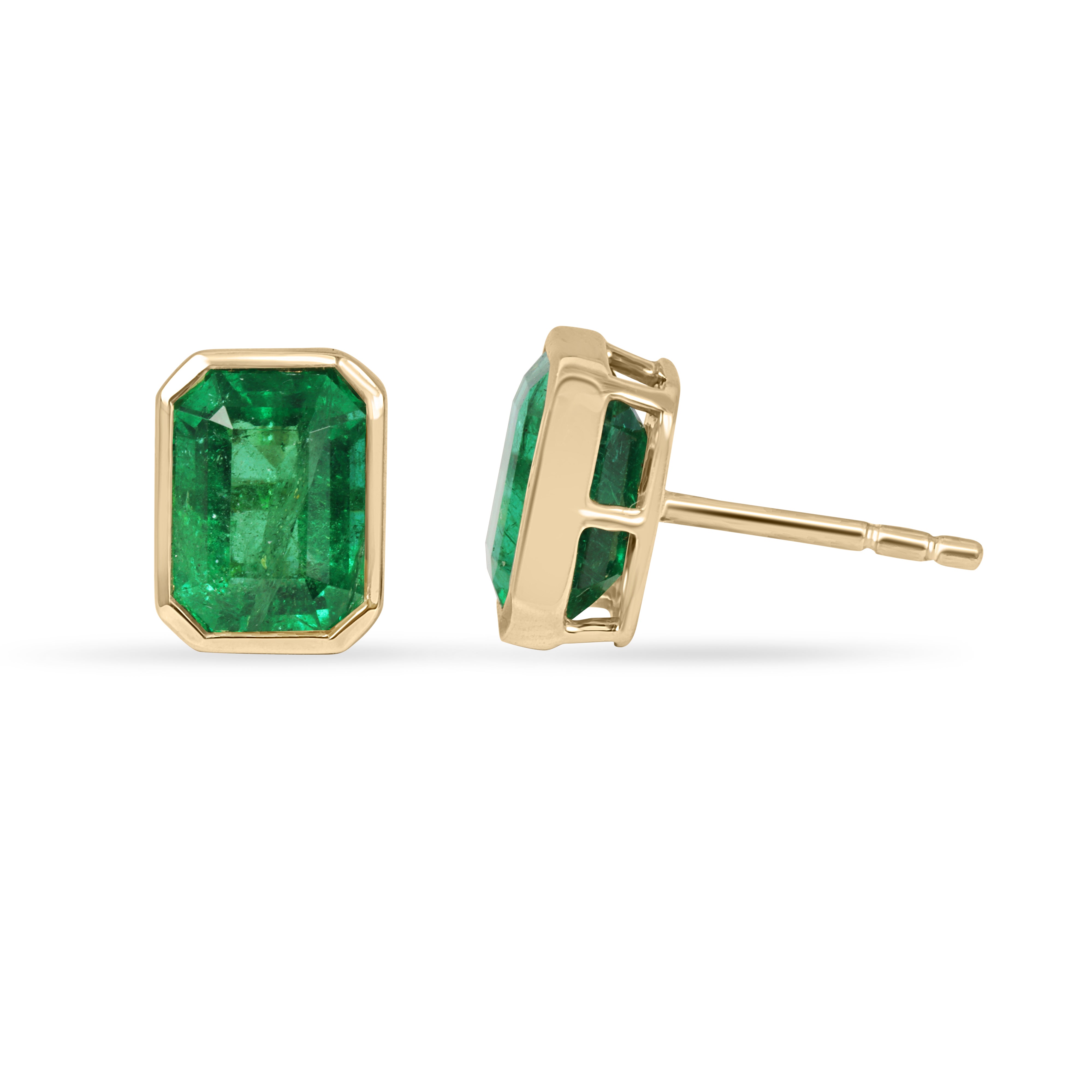 Angelina Jolie bezel set emerald stud earrings with 3.33 carats in 18K gold by JR Colombian Emeralds