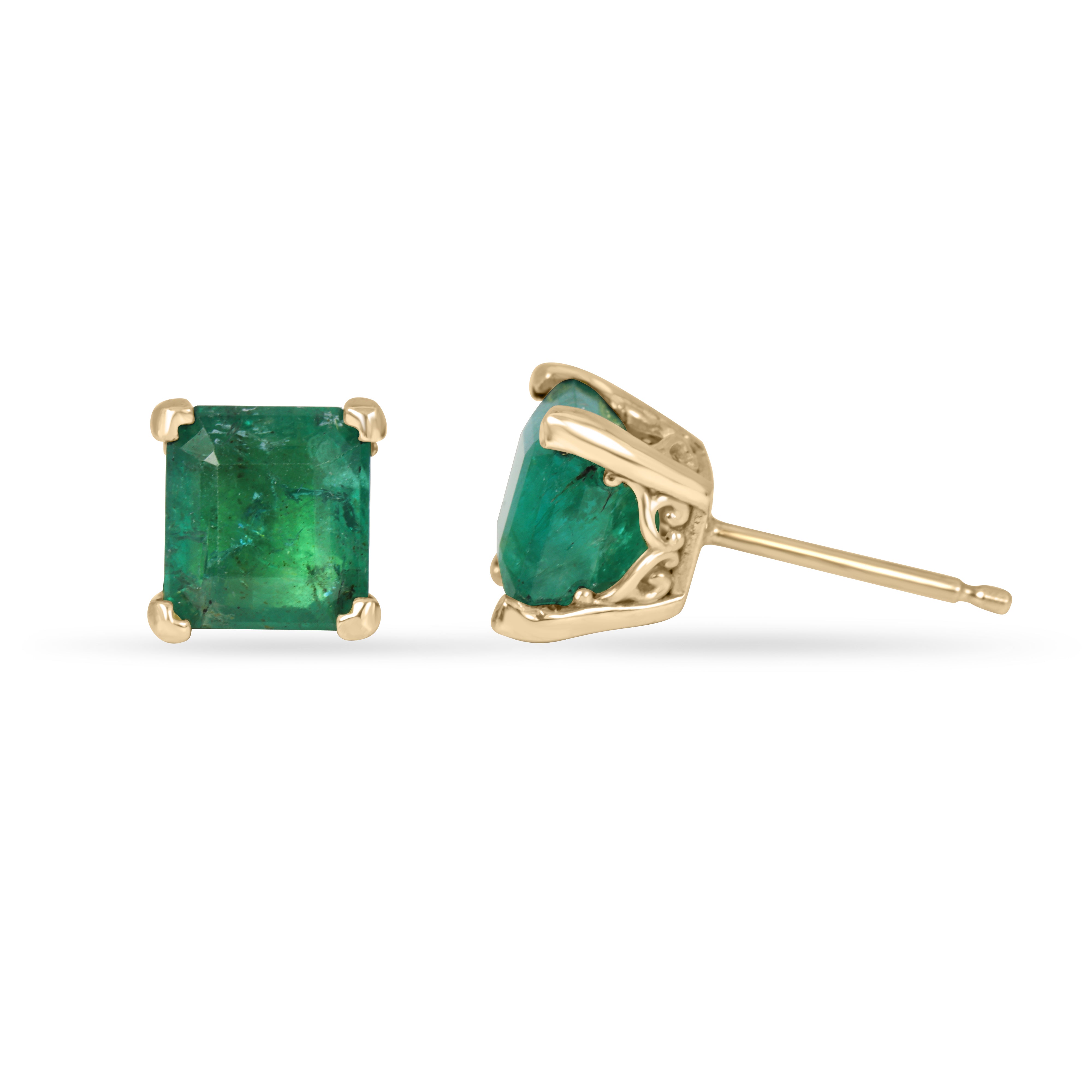 Emerald stud earrings with 1.05 carats total weight, princess cut, set in 14K gold by JR Colombian Emeralds.